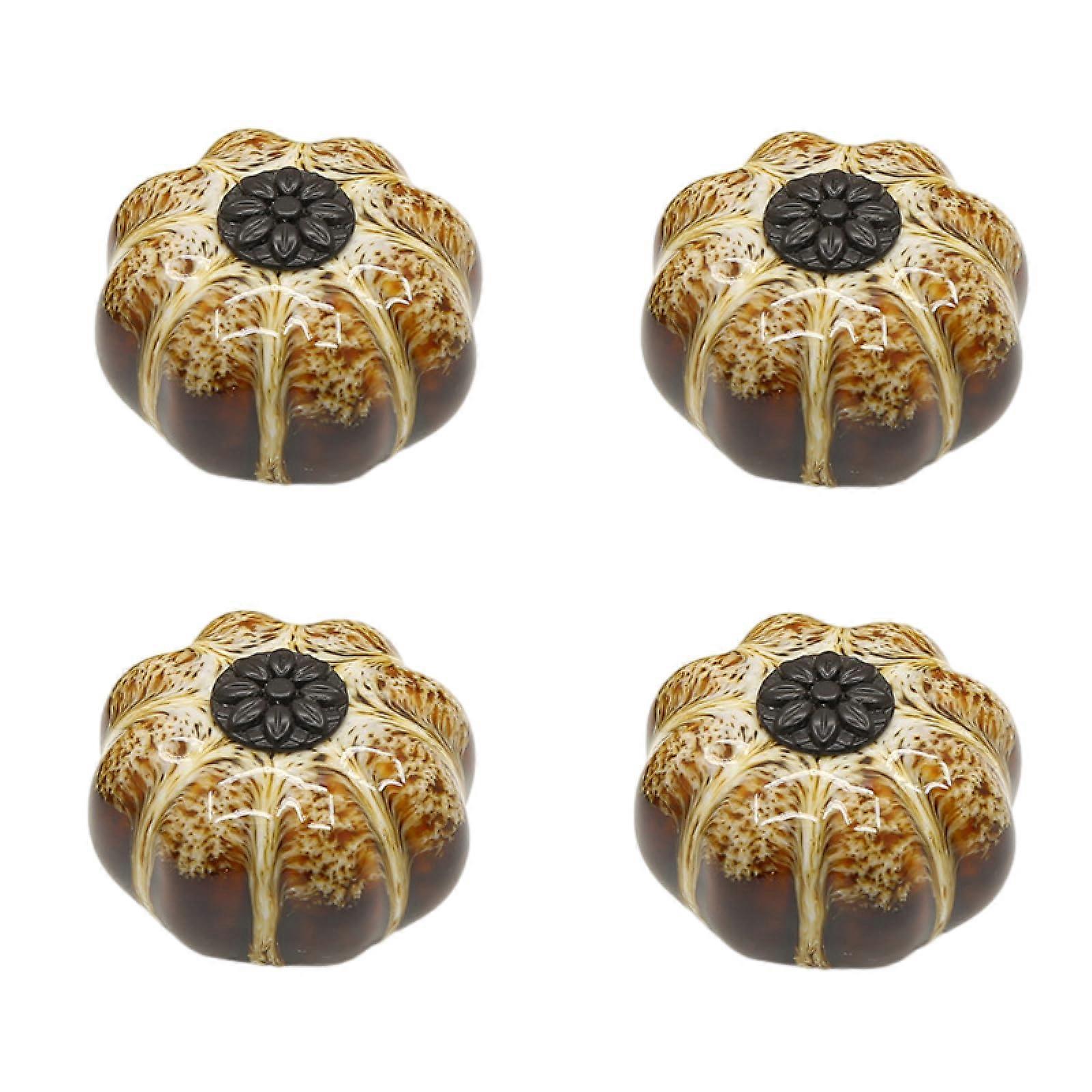 Retro Ceramic Cabinet Knobs 4 Pack Leopard Print Pumpkin Design Single Hole Brass Drawer Handles