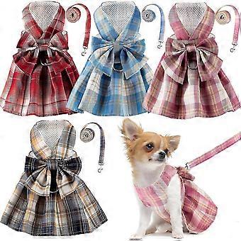Conjunto de correa y vestido a cuadros para mascotas pequeñas