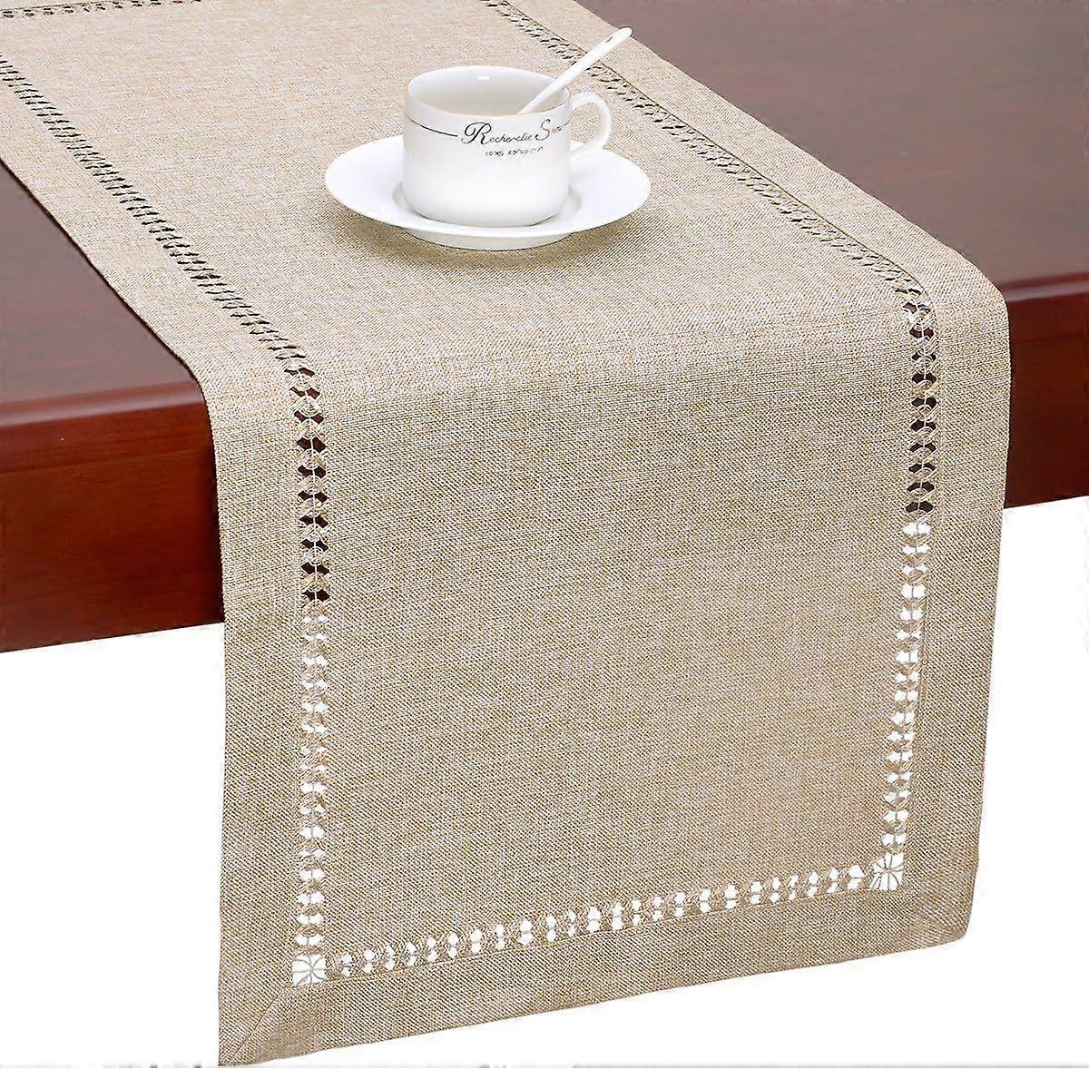 Handmade Hemstitch Beige Rectangular Table Runner, 14 x 90 Inches, Polyester for Dining Table