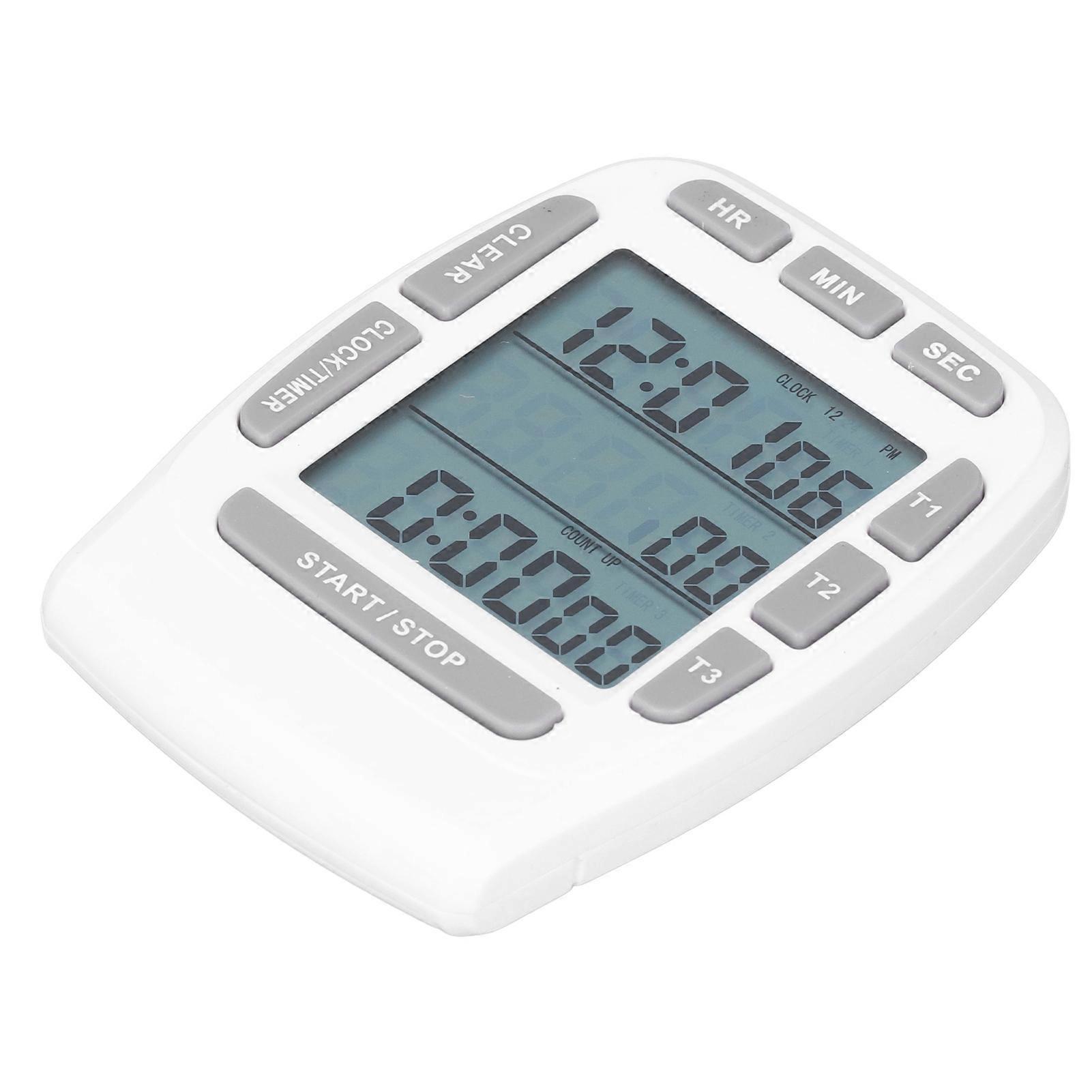 Triple Timer Clock Count Down Up 4.0x4.4cm LCD Display Multifunction White Builtin Battery