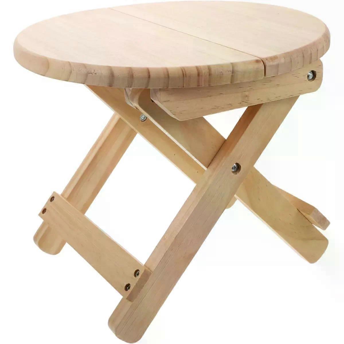 Solid Wood Folding Stool Beige round Home Footstool