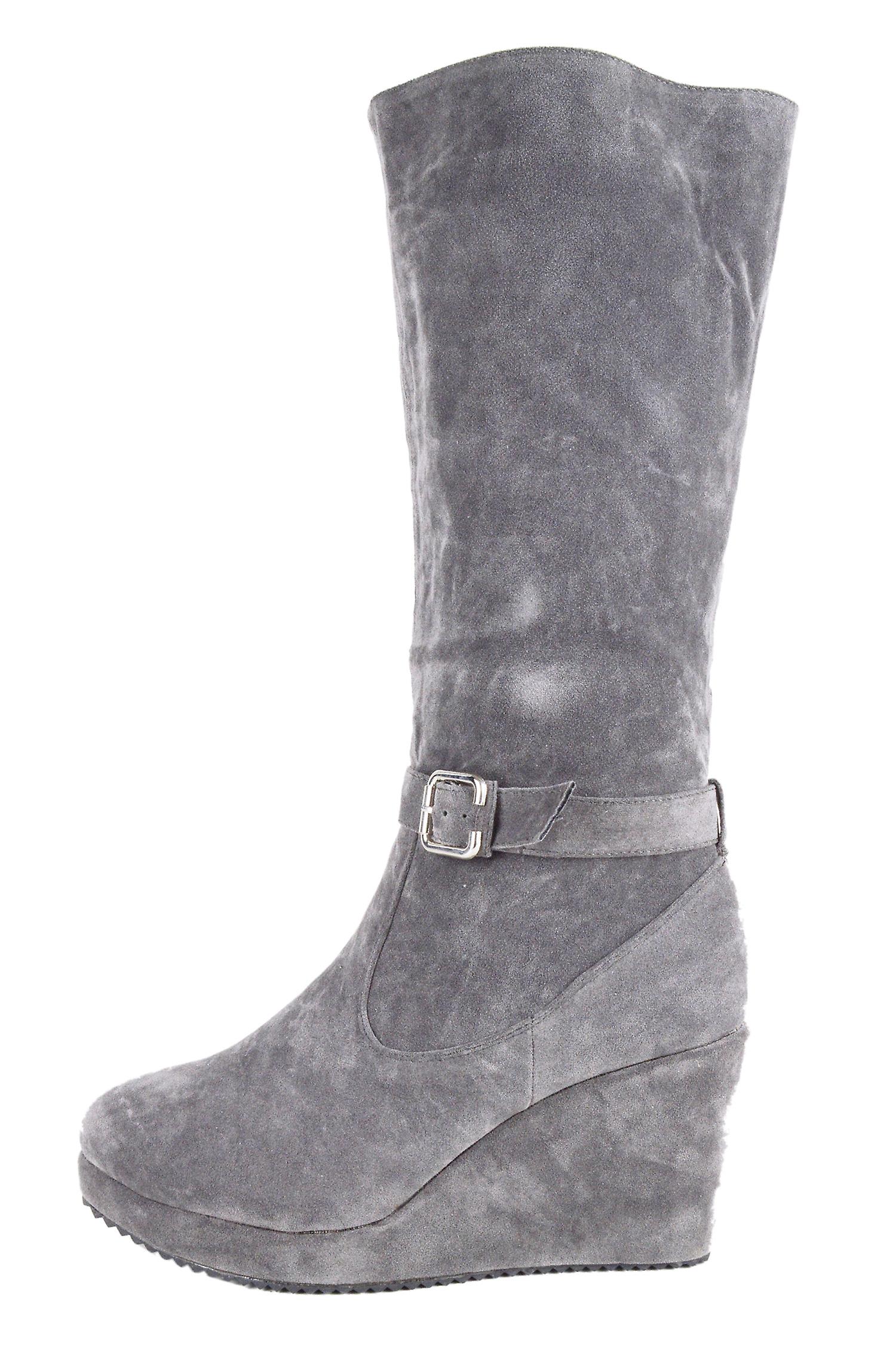 LMS Grey Suede Wedge Mid Calf Boot With Buckle