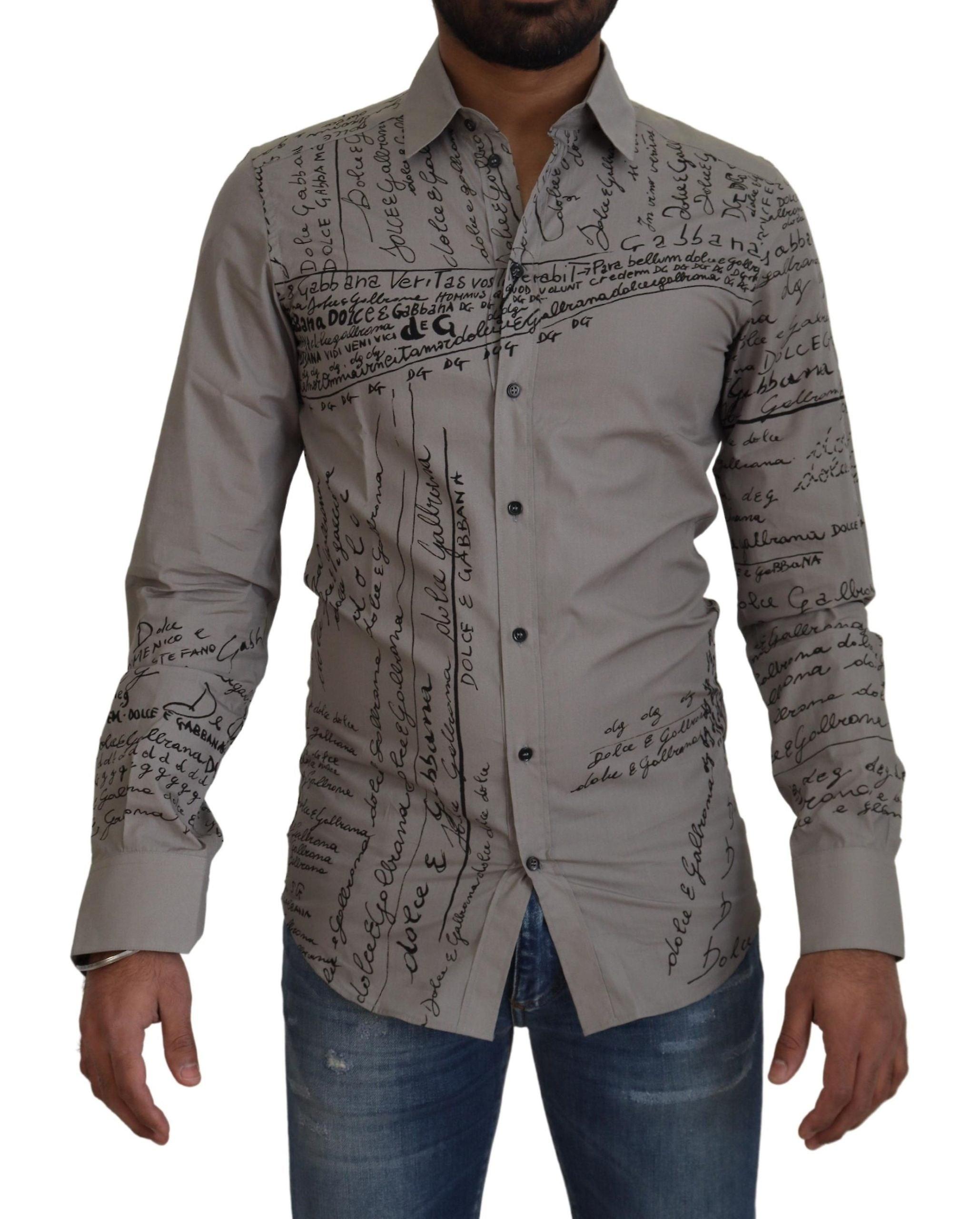 Dolce & Gabbana Gray Printed Cotton Slim Dress Gold Shirt