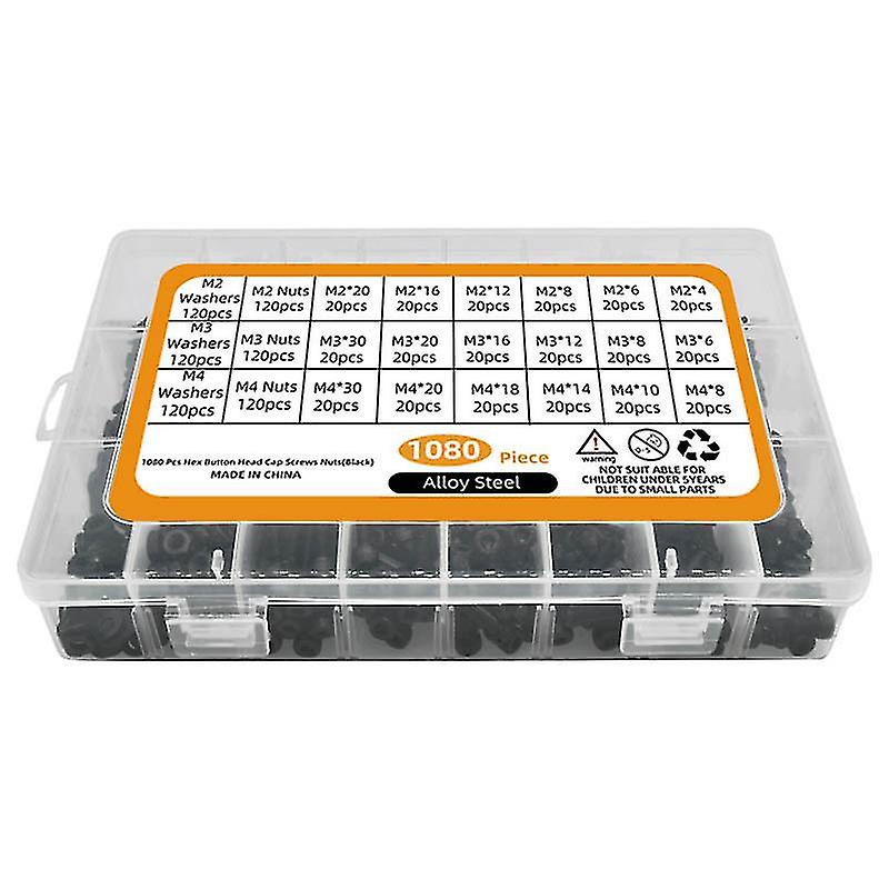 1080pcs Screws & Nuts Set M2 M3 M4 Steel Hexagon Socket Wrench Head Washers Kit