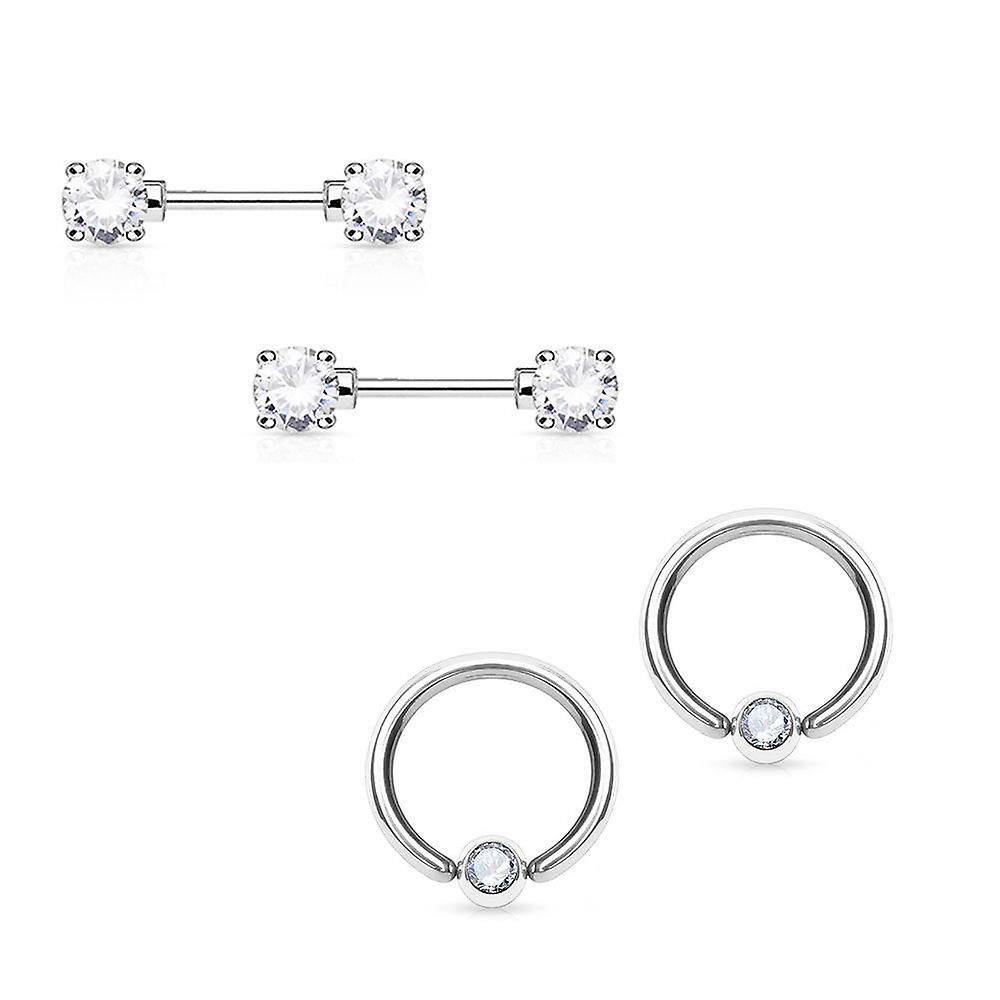 Nipple ring 14g barbell/captive combo surgical steel with round cz gems