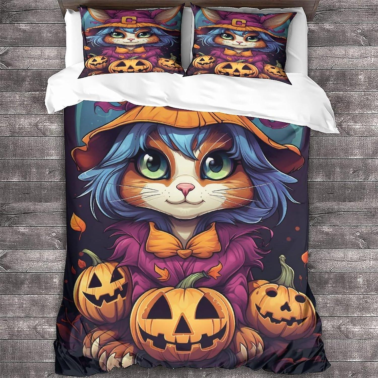 LikeEj Kat Beddengoed Set Dieren Dekbedovertrek Set Halloween Dekbedovertrek Zachte Rits met Kussensloop King