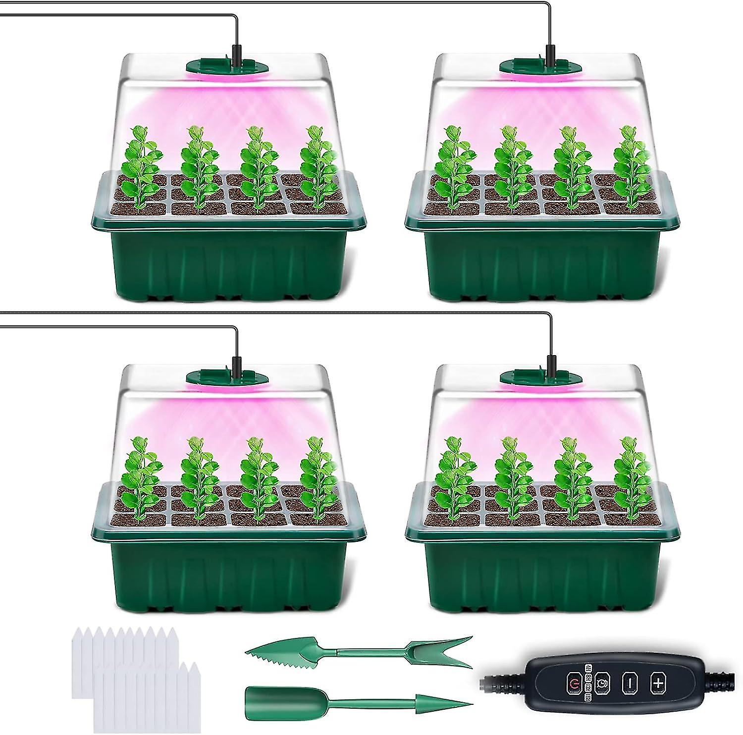 Seed Trays with Grow Light, 4 Pack Propagator with Timing Controller Adjustable Brightness, Thicken Seedling Trays