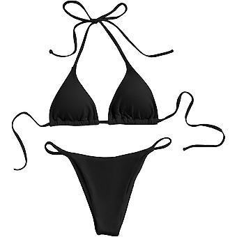SBMLV Women's Halter Tie Side Triangle Bikini Set high Cut 2 Piece Bikini Swimsuit Bathing Suit black