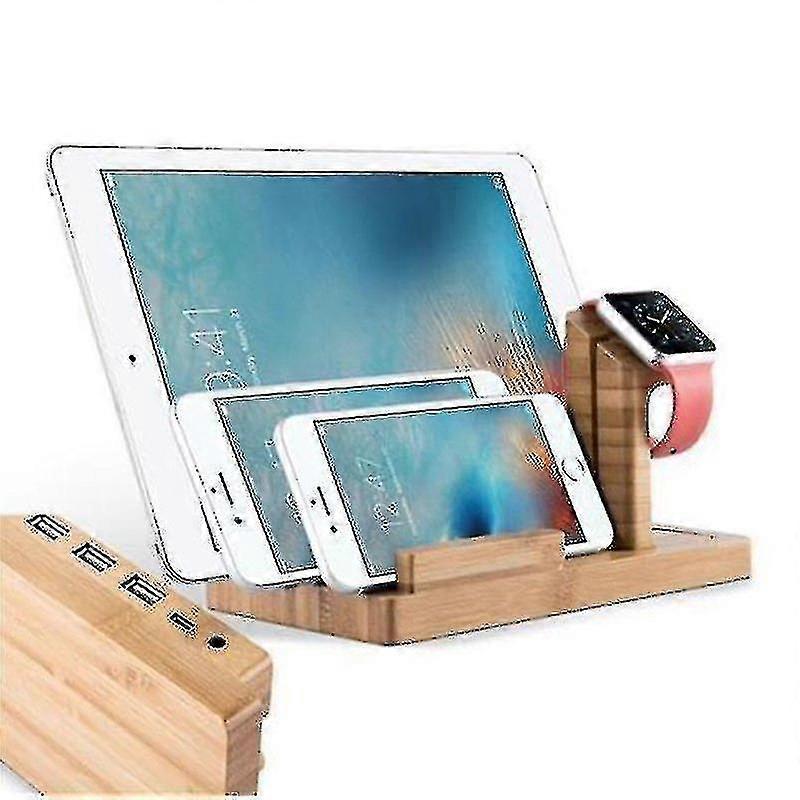 Docking Station - Charging Station Made Of Real Wood Bamboo - Power Station Platform With Integrated Usb Multi-interface For All Smartphones And Smart