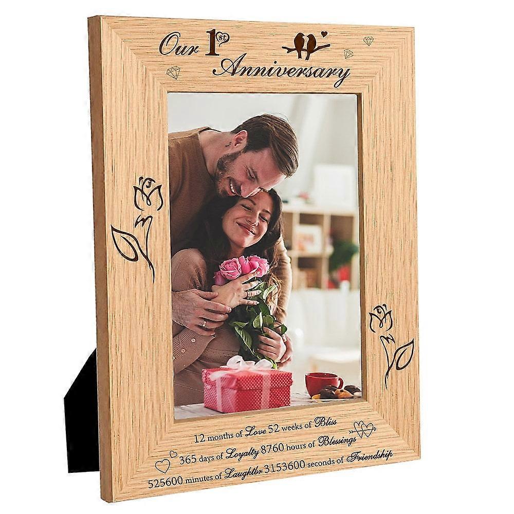 1pc Natural Wood Photo Frames for Tabletop Display Photo Frame Rectangle with Word Flower Pattern 152x102mm