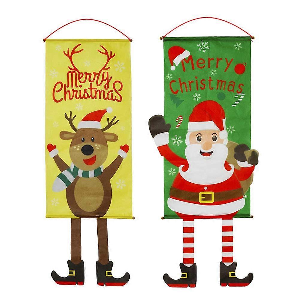 Set of 2 Christmas Flags Father Christmas Snowman and Elk Flags Fabric Hangingsstyle 1