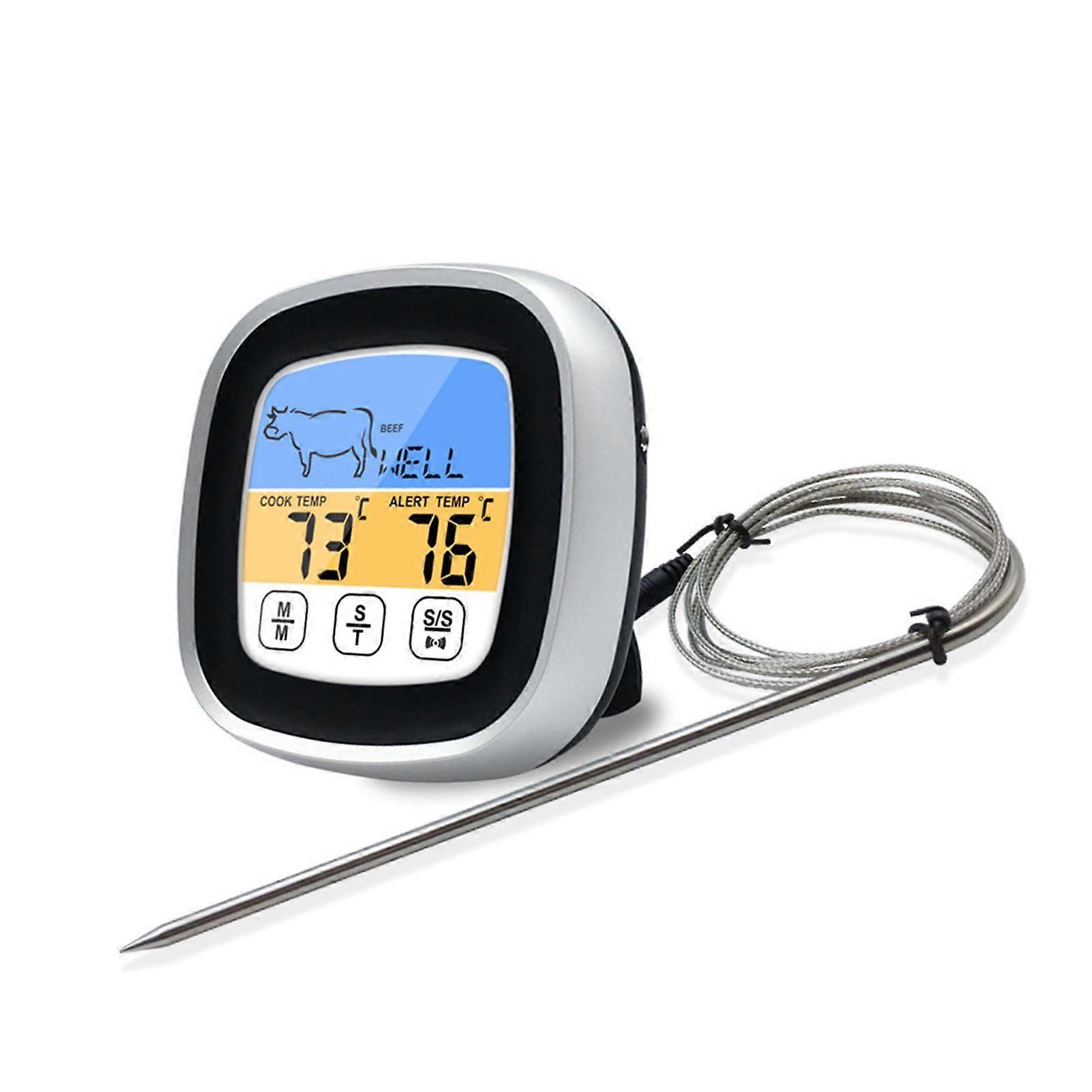 Digital Timer Thermometer Touch Screen Stainless Steel Meat Thermometer for Kitchen BBQ Black