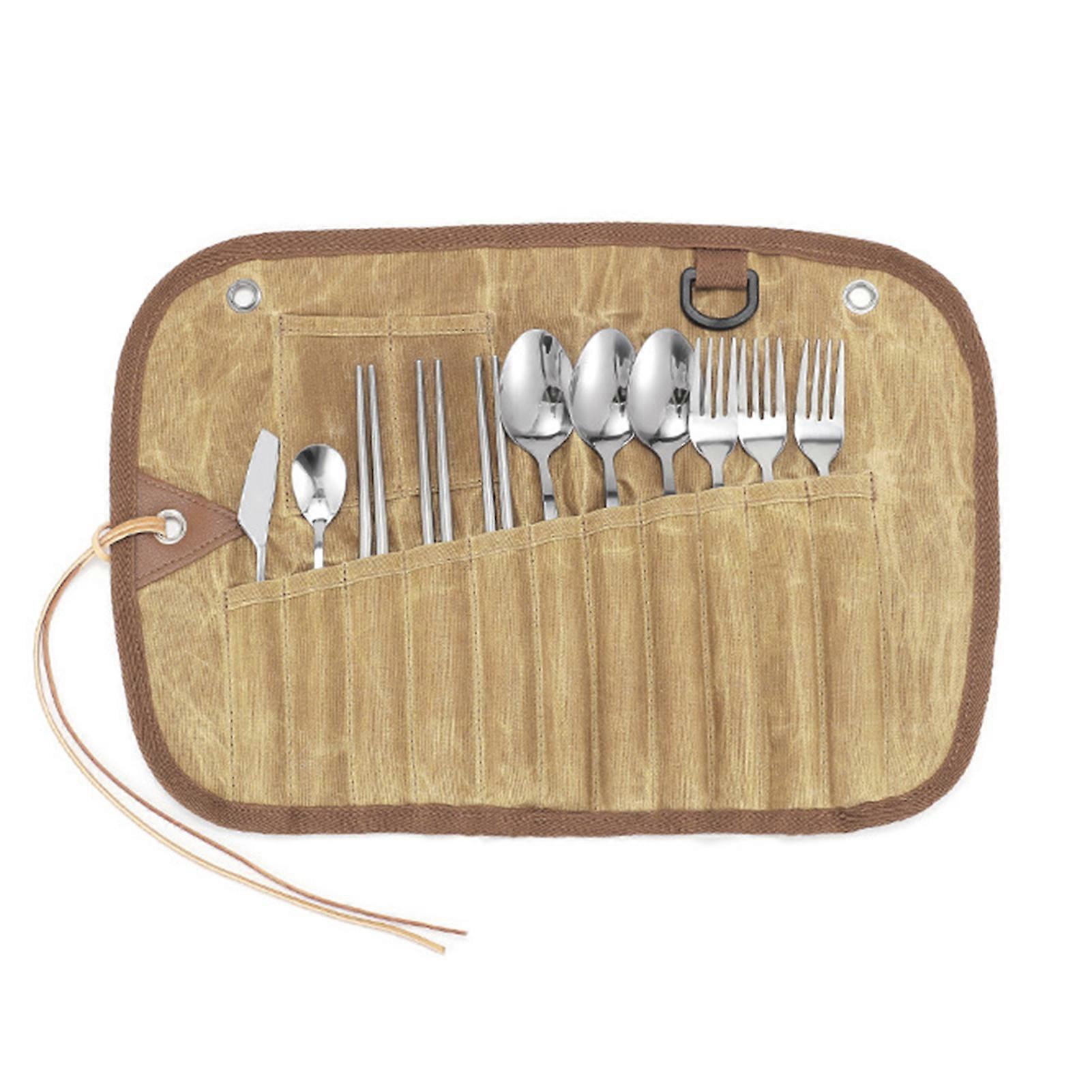 Cutlery Roll Bag Waxed Canvas Cutlery Carrier Bag Pouch with 11pcs Cultery Set Forks Spoons Chopsticks Butter Spreader Coffee Spoon for Outdoor Campin