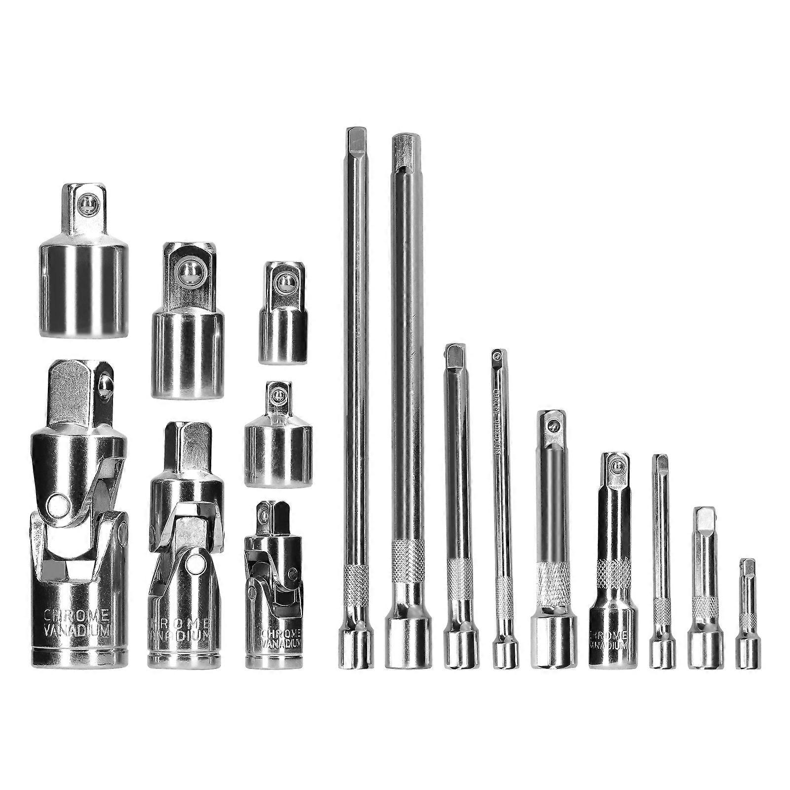 16pcs Drive Tool Socket Adapters Set Chrome Vanadium Steel 9pcs Extensions Rod 3pcs Universal Joints 4pcs Impact Socket Set