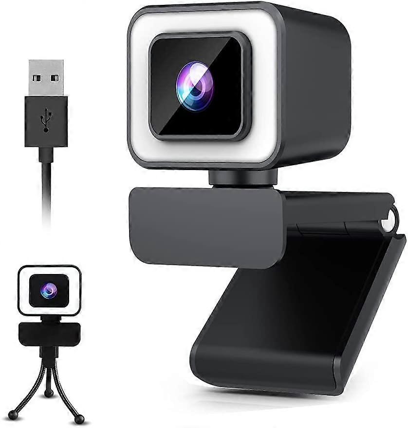 Webcam 1080P, caméra Web 2K avec objectif portrait autofocus, lumière avec éclairage réglable