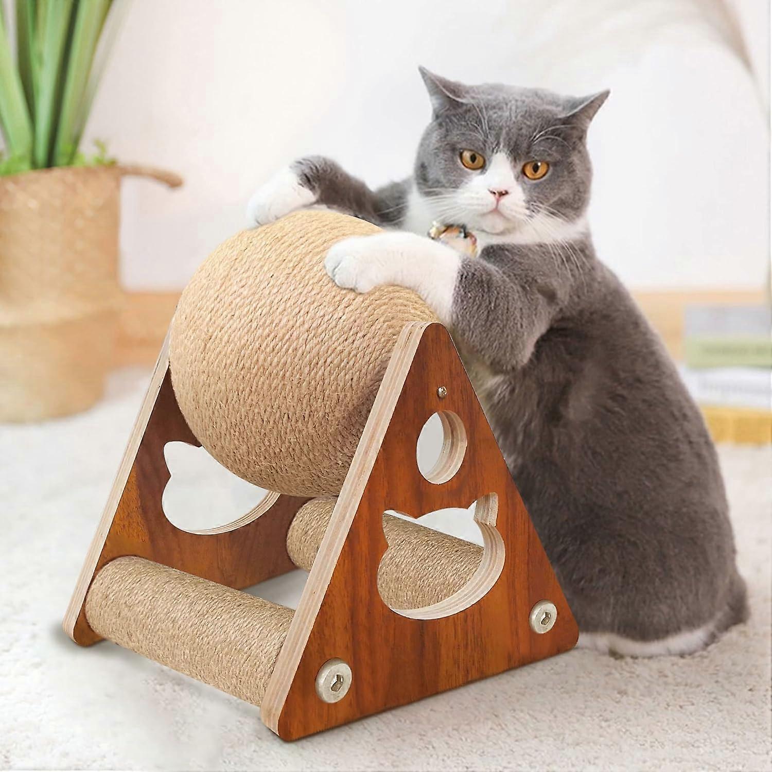 Upgraded Cat Scratcher Toy, Natural Sisal Cat Scratching Ball Toy with Cat Scratch Posts Base, Scratching Ball for Cats and Kittens, Solid Wood Scrat