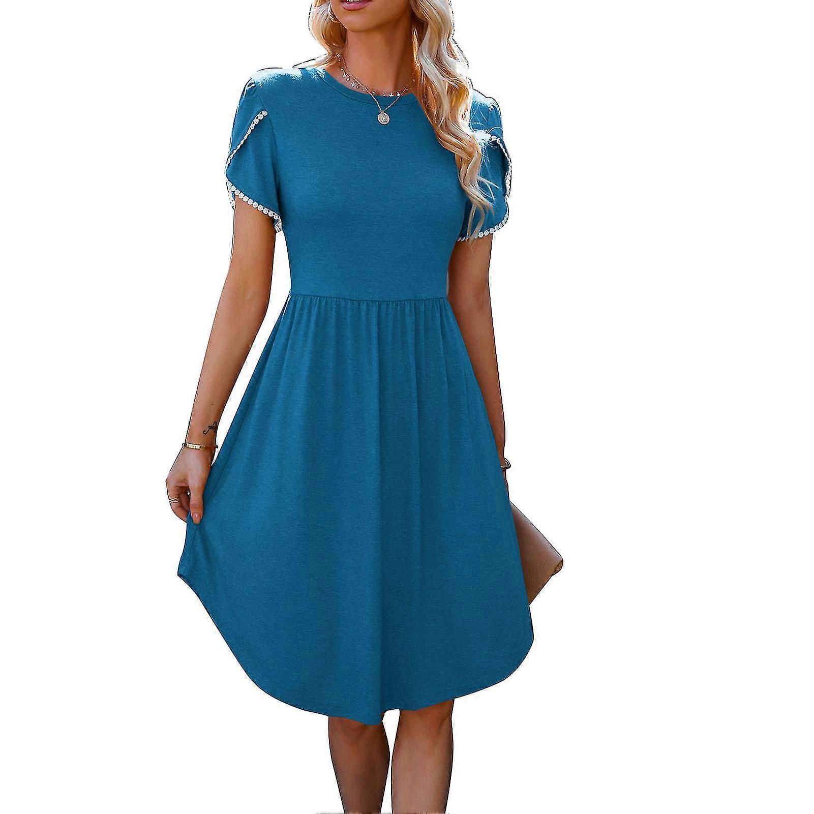 Robe mi-longue à manches courtes à manches courtes et à ourlet bleu en dentelle pour femmes - Robe à col rond d’été décontractée et lâche pour une soirée de rencontres