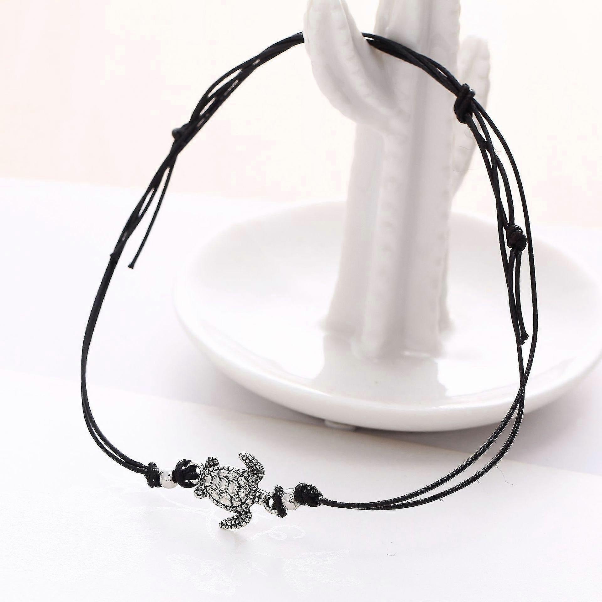 3 Color Set Vintage Wax Rope Turtle Anklet Bracelet Ancient Silver Tricolor Turtle