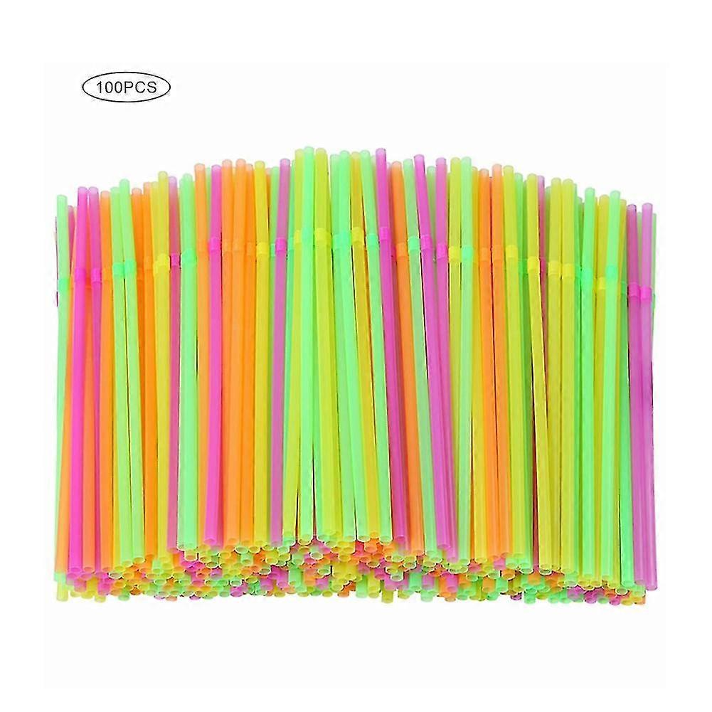 100pcs Fluorescent Plastic Bendable Drinking Straws Disposable Beverage Straws Wedding Decor Mixed Colors