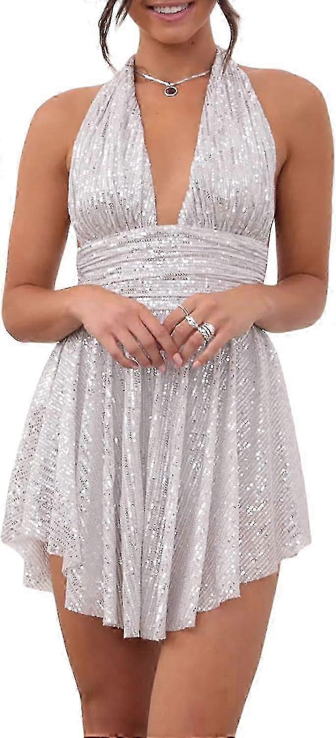 Kvinnor Glittrande Paljetter Mini Klänning Spaghetti Strap Backless A-linje Tillbaka Ihålig Hög Midja Elegant Festklänning