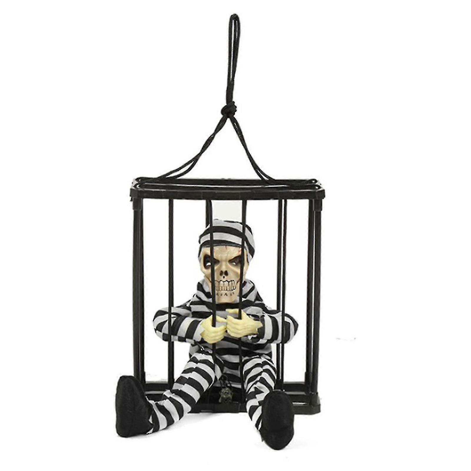 Halloween Hanging Decoration Skeleton Ghost With Motion Sensor And Light Sensor Scary Skull Cage Prisoner Tricky Toys