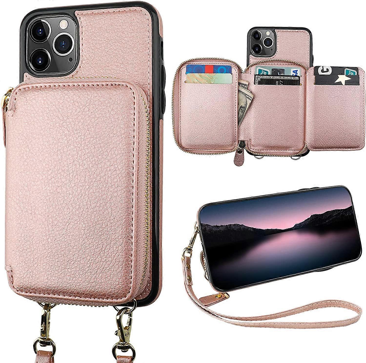 RFID Blocking Wallet Case for iPhone 11 Pro Max, Adjustable Crossbody Zipper Purse Case Card Holder with Kickstand Detachable Wrist Strap, PU Leather 