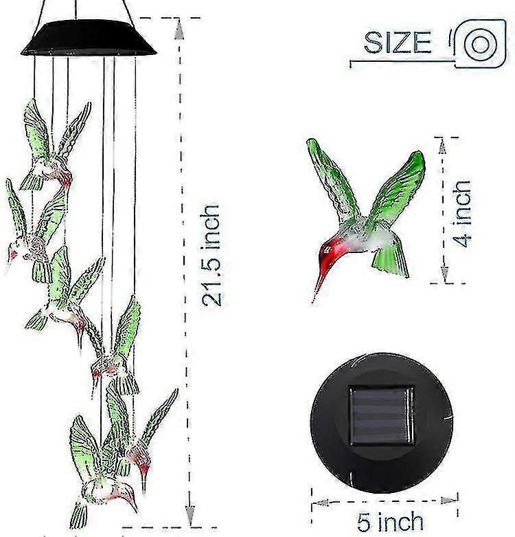 Wind Chime Lights, Solar - Powered, with Hummingbird Design, 21.5 inches in Length, Each Hummingbird 4 inches, Solar Panel 5 inches
