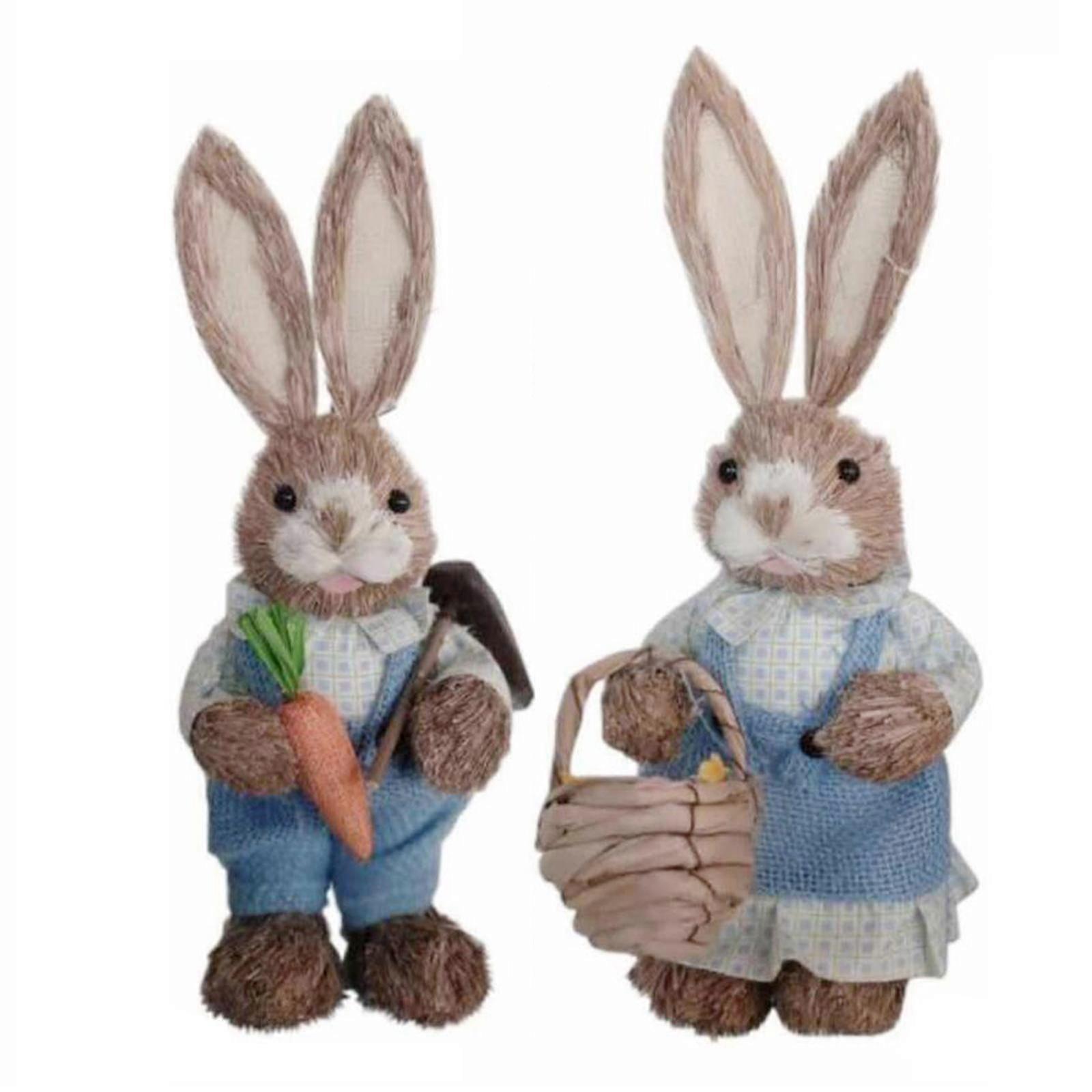 2Pcs Straw Easter Rabbit Decorations Bunny Statues with Clothes