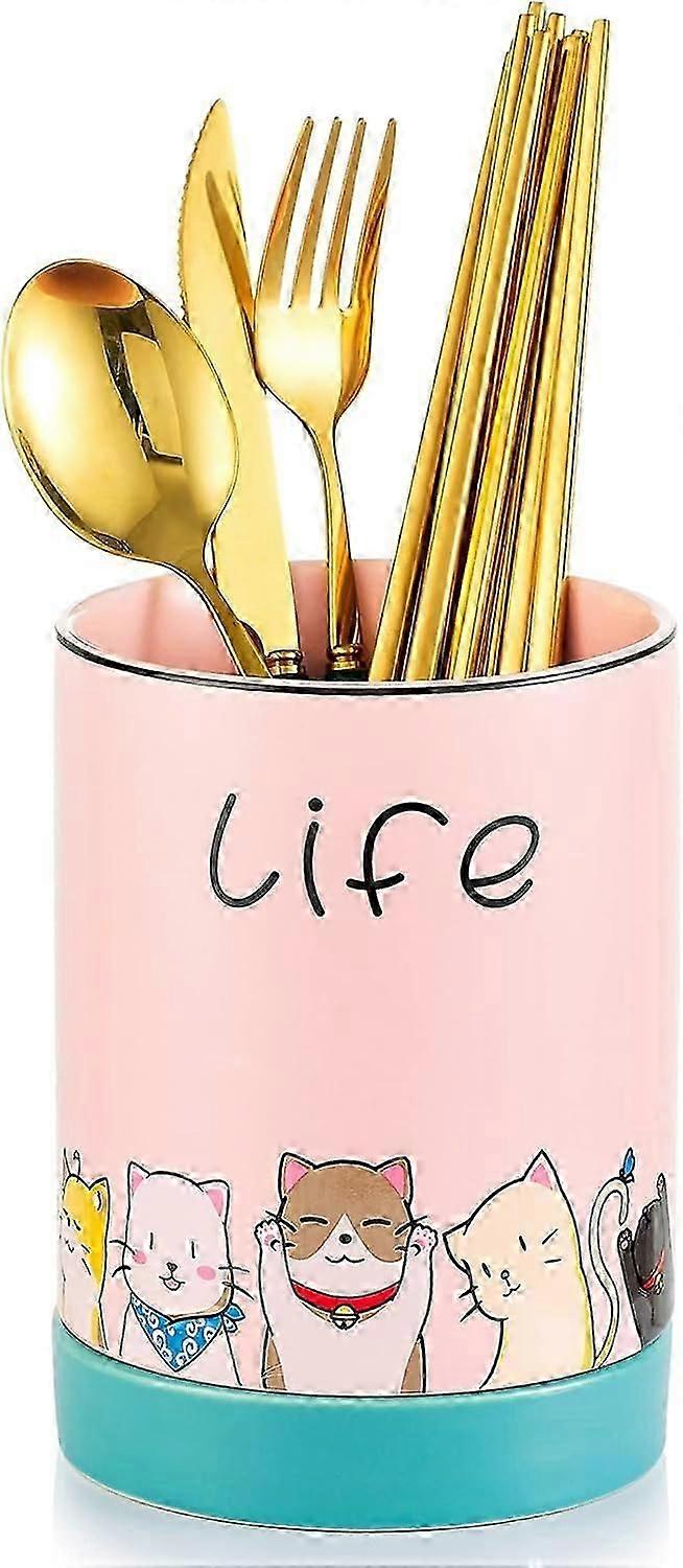 Suitable Kitchen Utensil Holder, Ceramic Cutlery Holder With Cute Cat Pattern, Convenient Kitchen