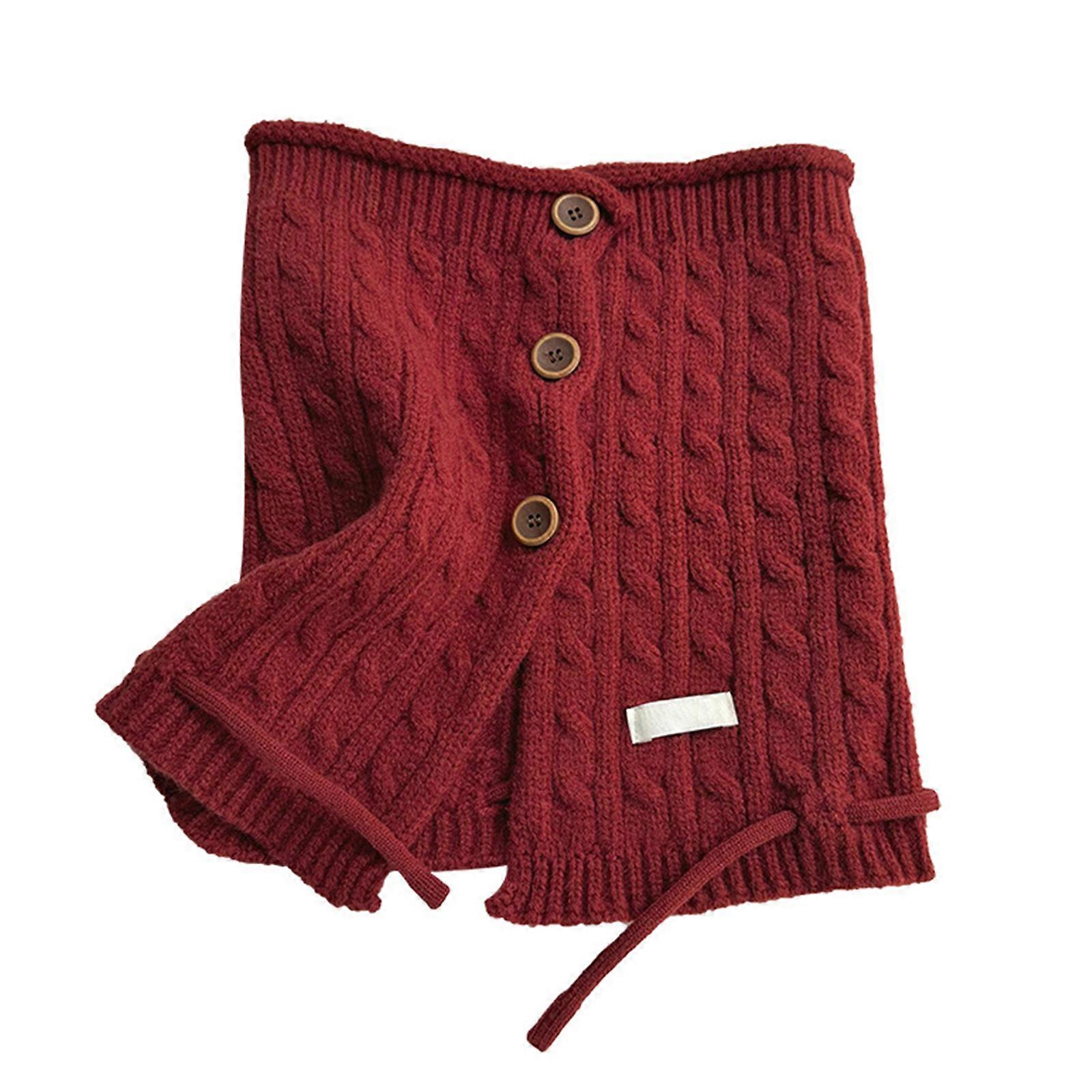 Cable Knit Turtleneck Collar Scarf with Button Solid Color Windproof Shawl Wrap Neckerchief Drawstring Hat for Women Burgundy