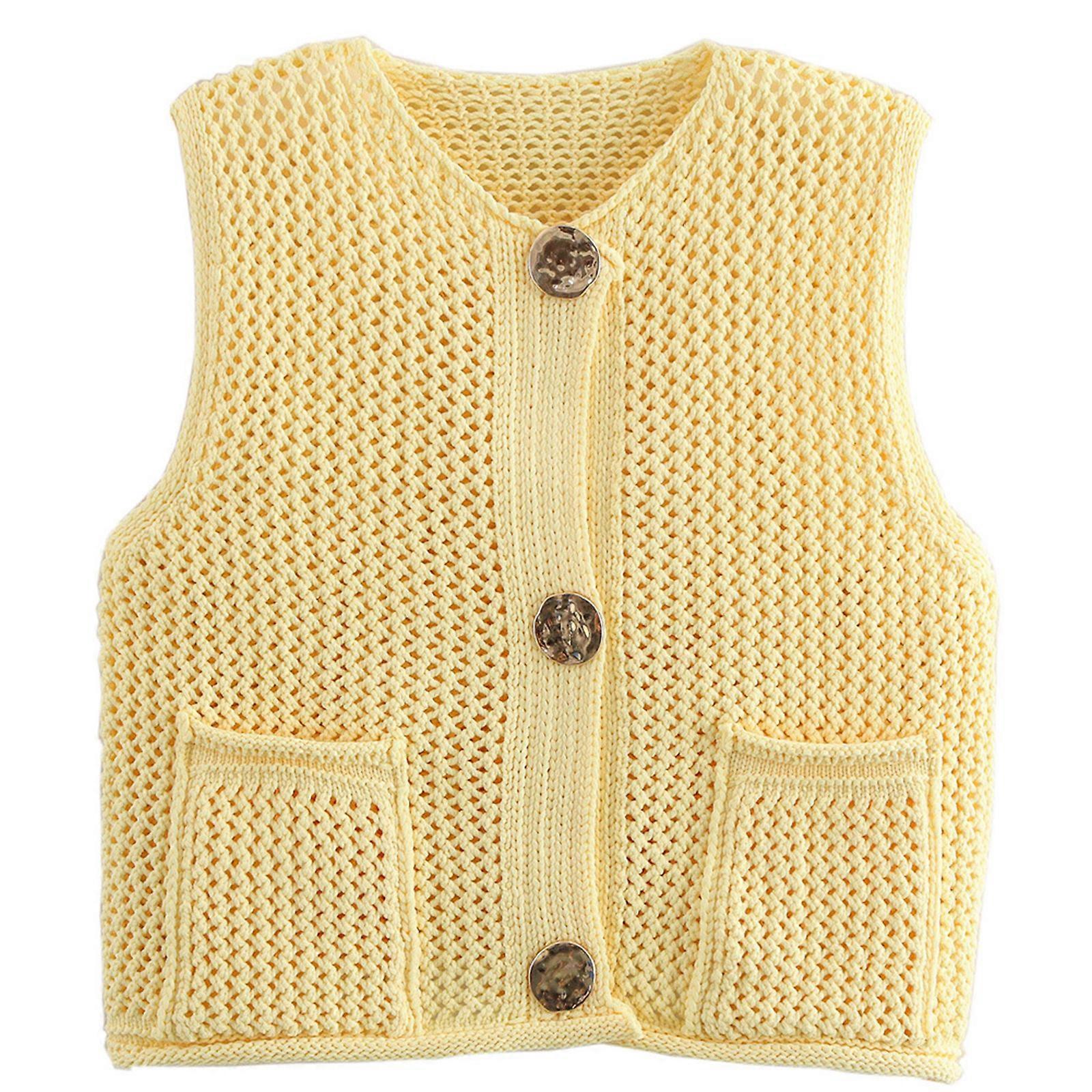 Stylish Women's Hollowed Out Knit Crop Top Vest with Button Front and Pockets Solid Color Sleeveless Sweater Cardigan Yellow S