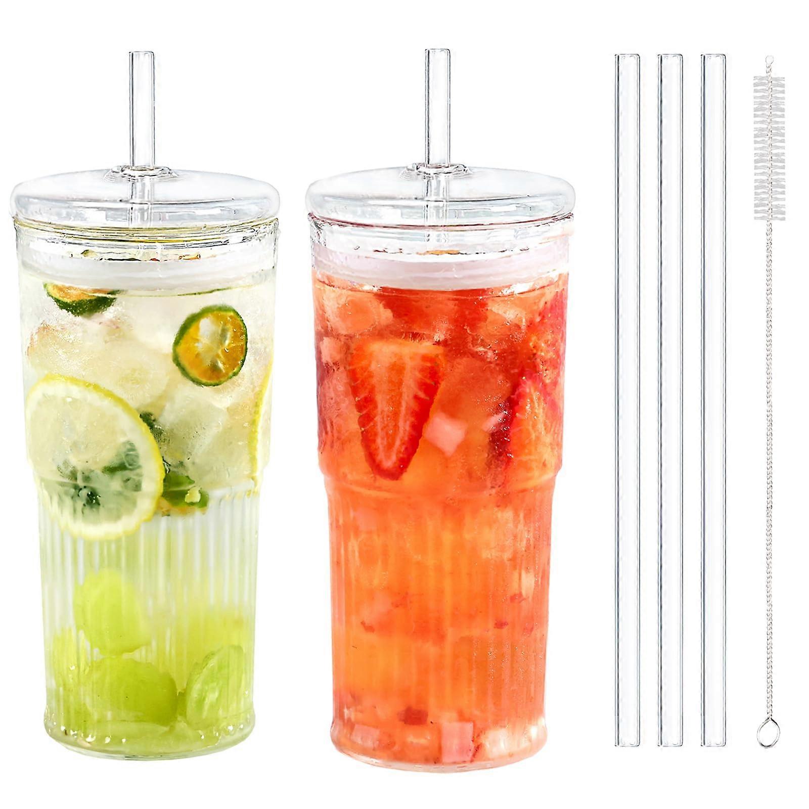 2 Pack Clear Glass Cups for Iced Coffee Tumbler and Smoothie Cup 20oz