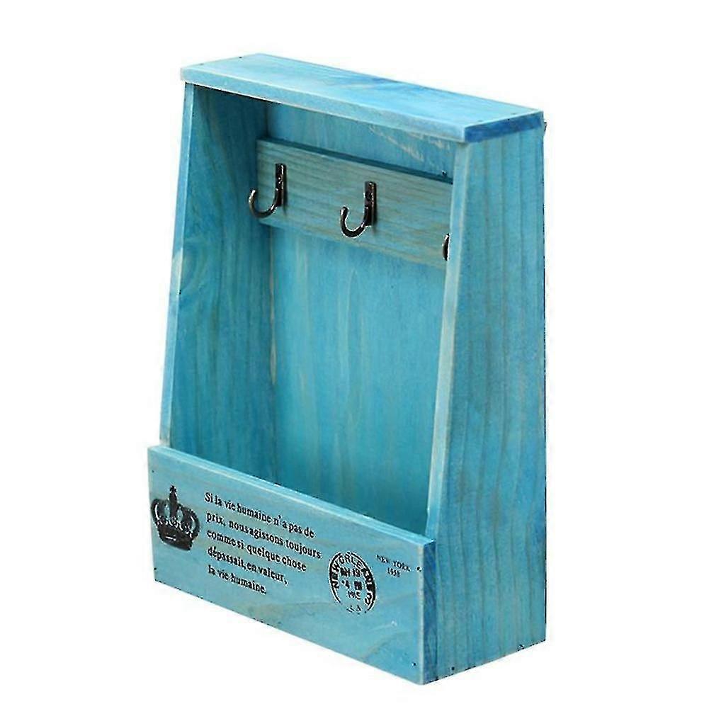 صندوق تخزين مفاتيح خشبي أنيق - منظم معلق على الحائط لديكور المنزل أو المدخل أو المطبخ أو الردهة - أزرق أنيق