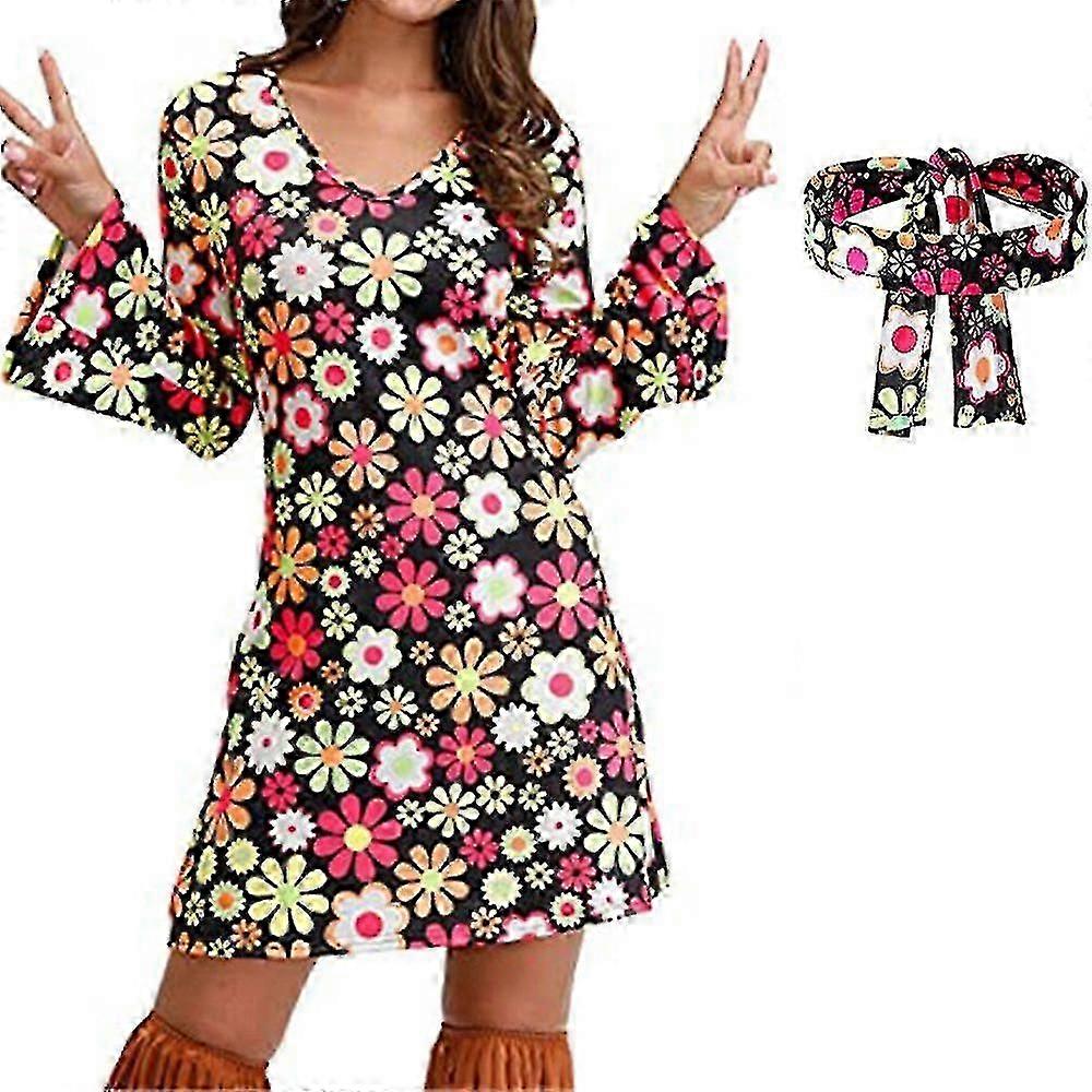 70s 80s Femmes Hippie Disco Party Robe à manches longues + Bandeau Outfit Set