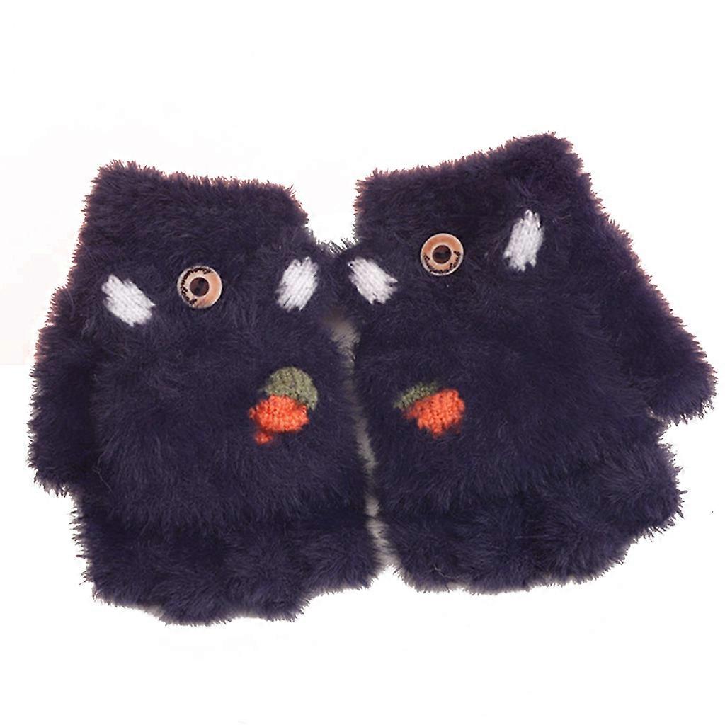 アウトドアライディングウォームミトンソフト弾性ニットハーフフィンガーグローブ女の子男の子キャンディーカラーかわいい手袋ネイビー