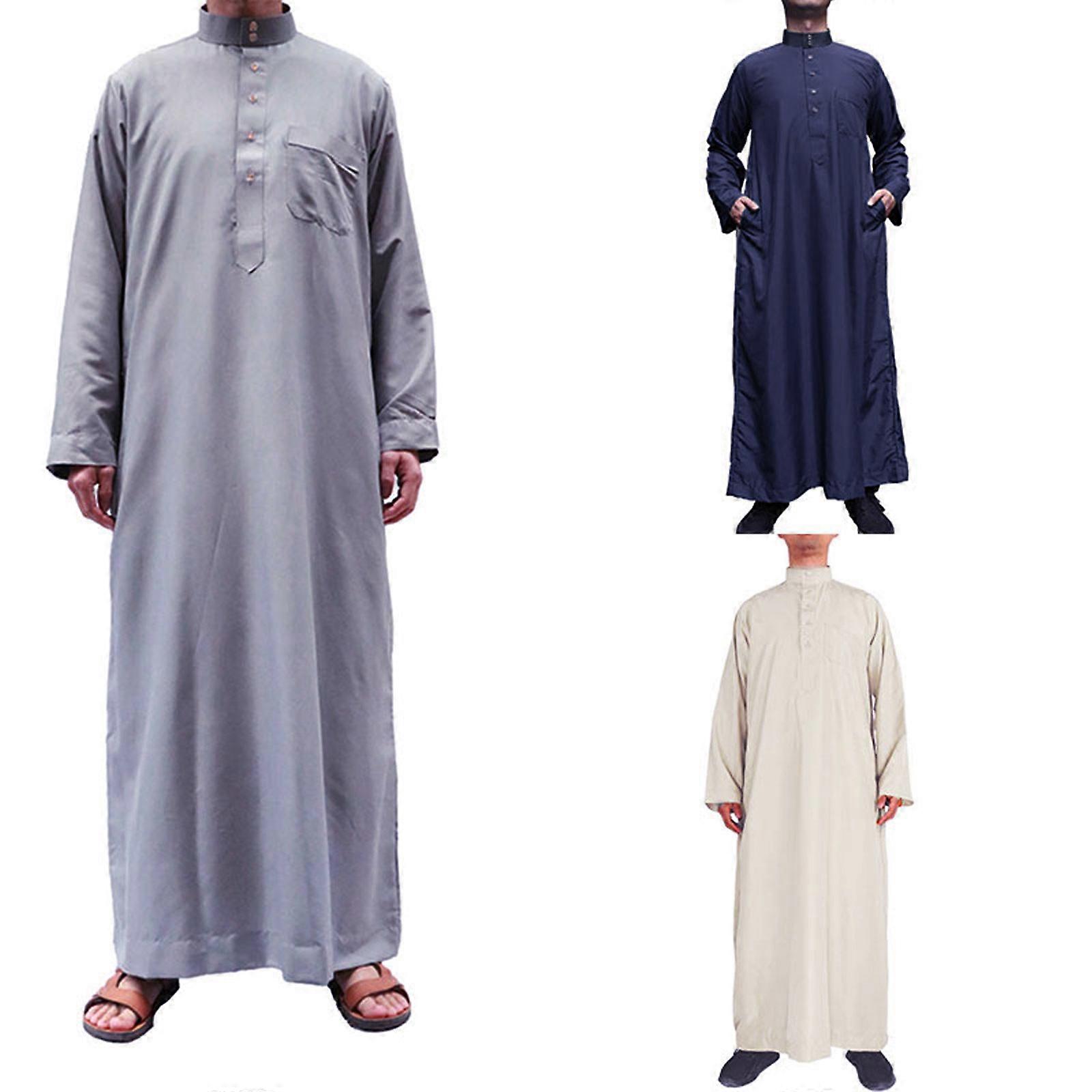 Ramadan Muzułmańska sukienka Abaje Dubaj Codzienny szlafrok Kaftan Islamski kostium z długim rękawem Stójka Thobe Prezent dla mężczyzn Szary M