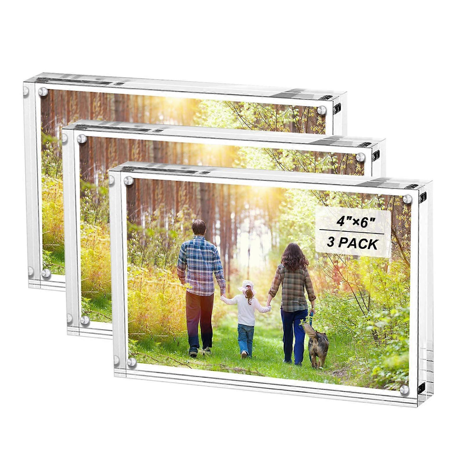 4x6 Inches Acrylic Picture Frames 3 Pack - Double Sided Frameless Magnetic Desktop Photo Holders, Transparent Style