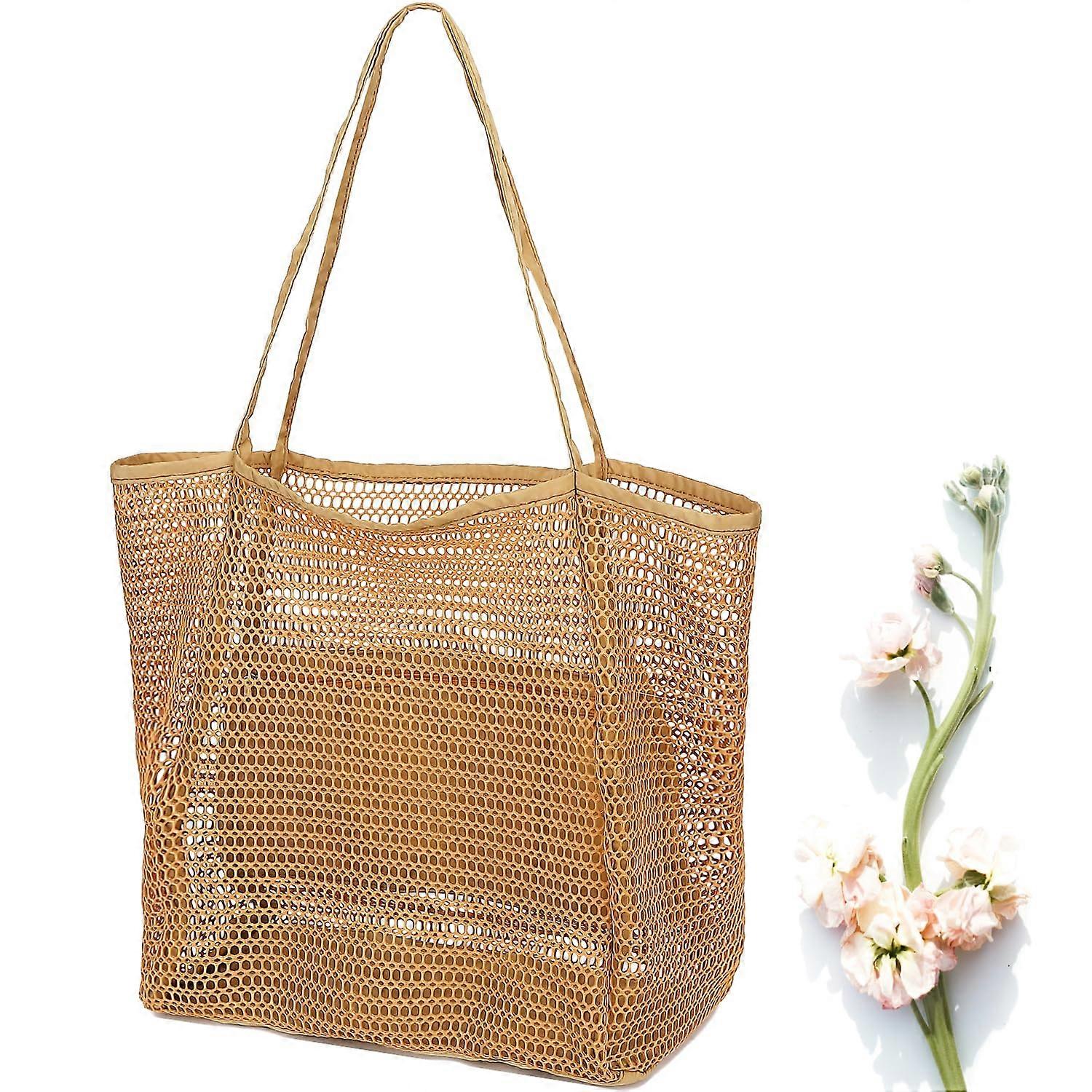 Mesh Beach Bag for Women, Large Tan Shoulder Bag for Pool, Travel, and Holiday, Simple Modern Design, Durable Material