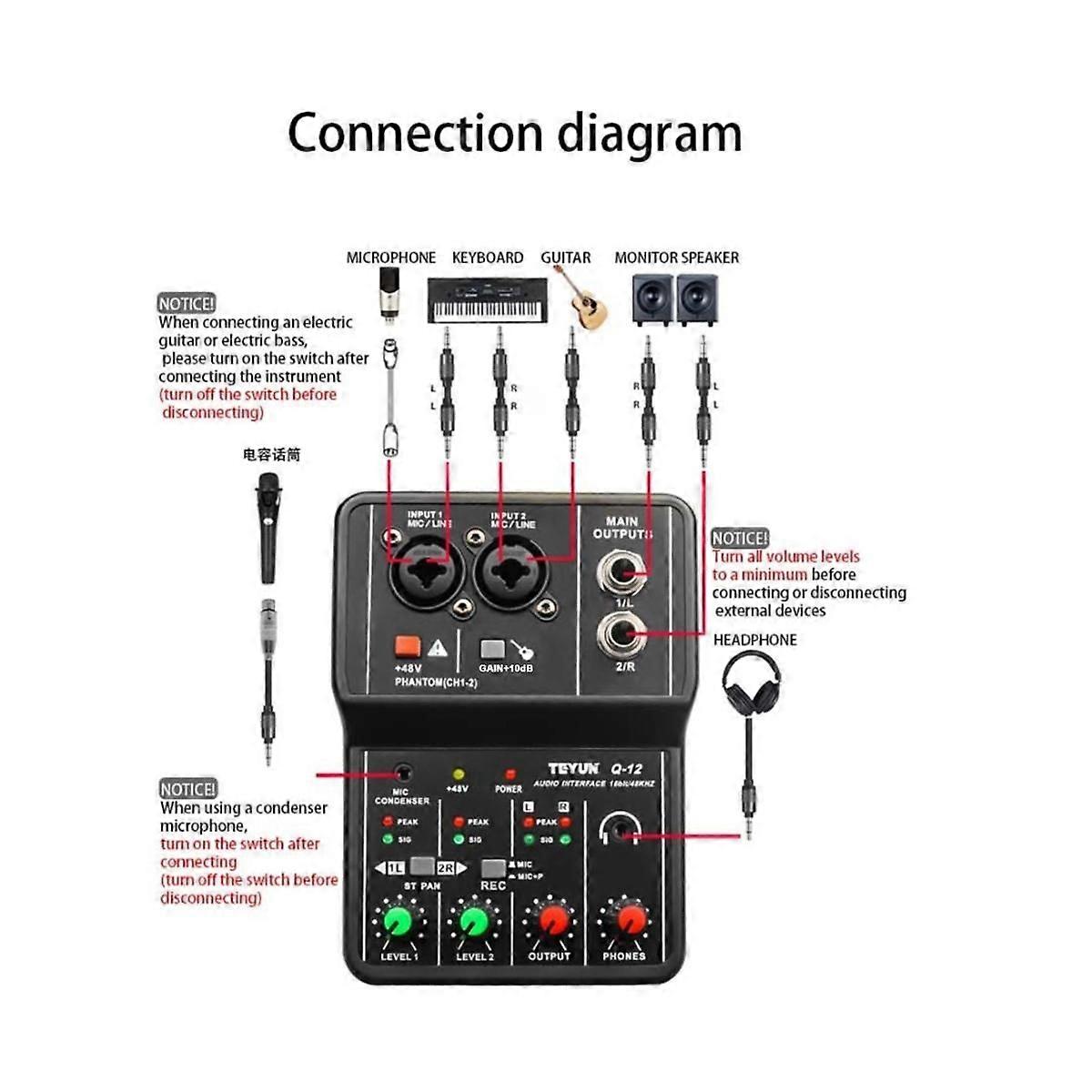 Q-12 Sound Card Audio Mixer Sound Board Console Desk System Interface 4 Channel 48V Power Stereo Computer Sound Card