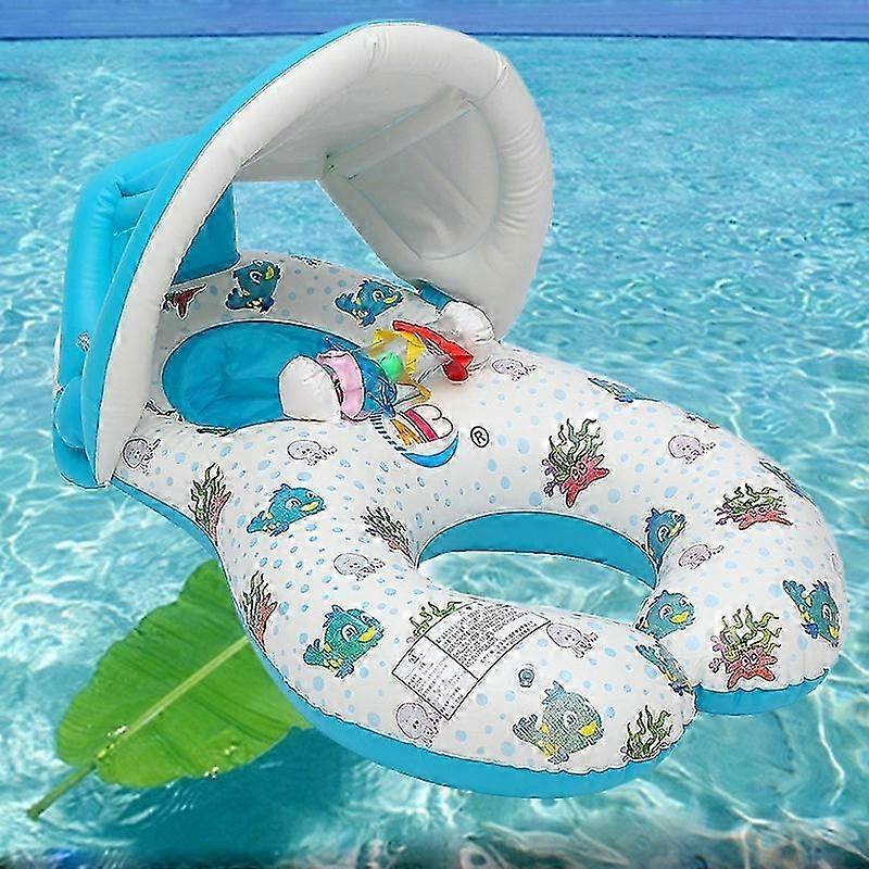 Inflatable Double Swimming Ring Baby Pool Float Toys with Canopy for Sea Fun, Party and Parent-Child Activities Featuring Flamingo and Unico