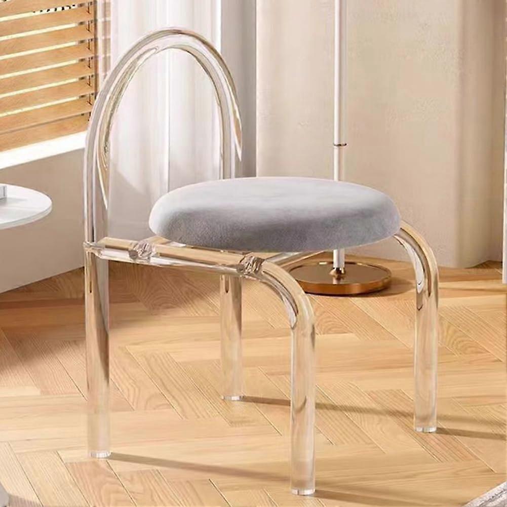 Dressing stool made of acrylic with backrest, gray, versatile design for bedroom, dining room and living room
