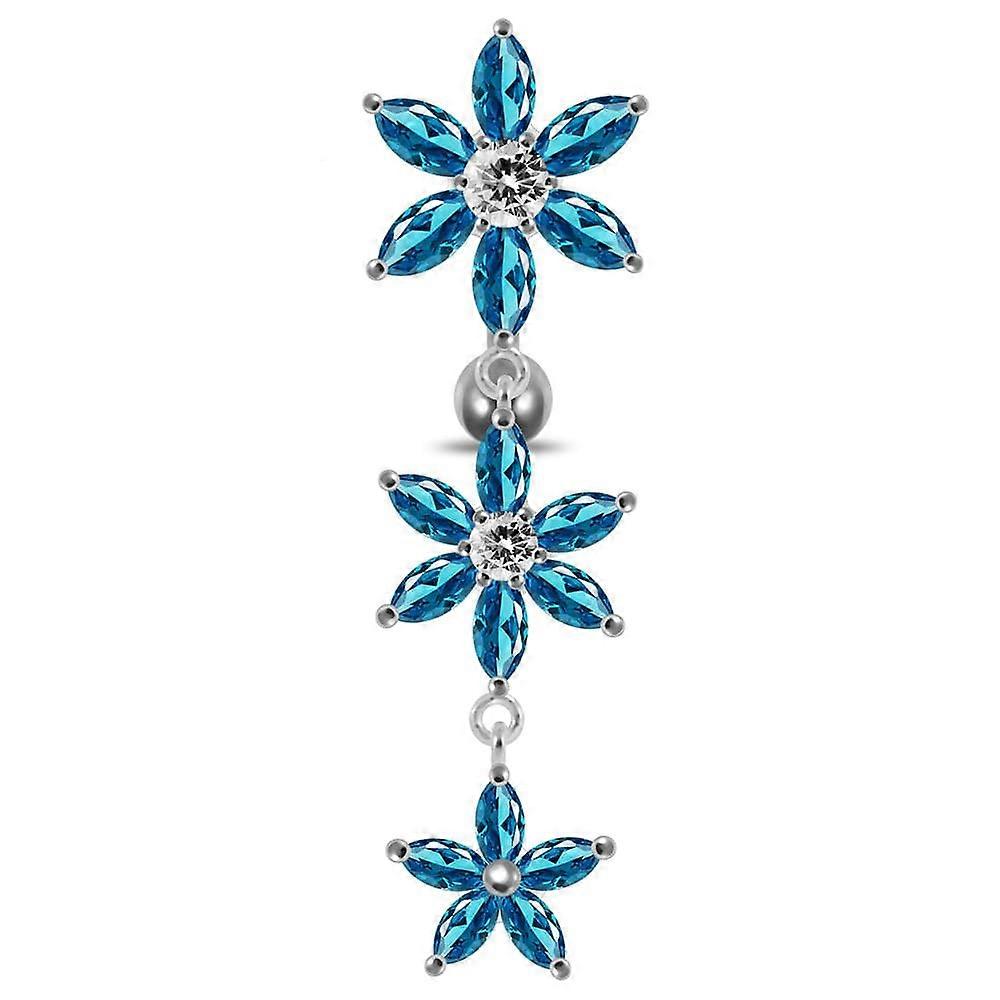 Moving Jewelled Multi Flower Designed Ss Curved Banana Bar Belly Ring
