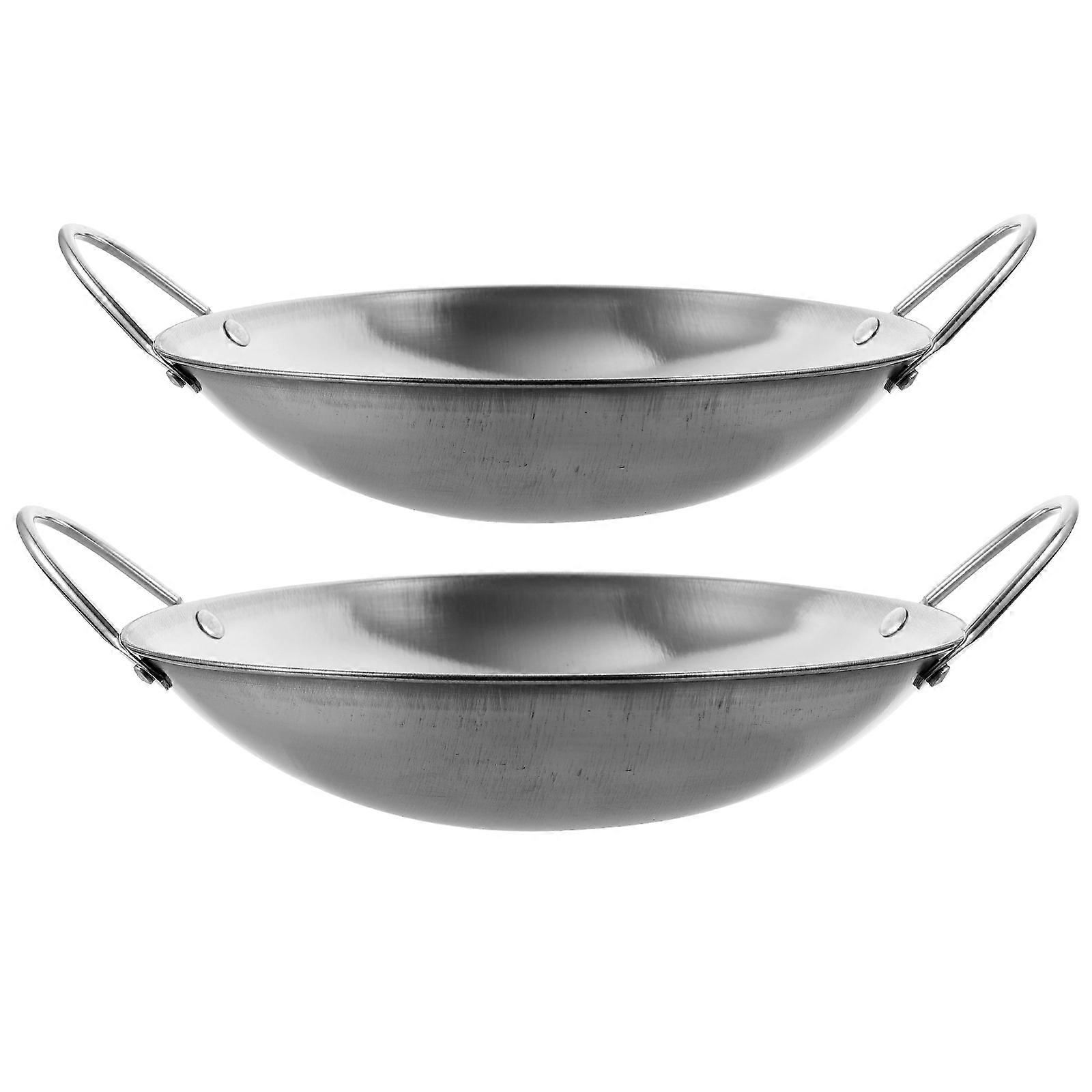 Round Bottom Wok Stainless Steel Wok Versatile Use Kitchen Tool Dual-Handled Design 2Pcs
