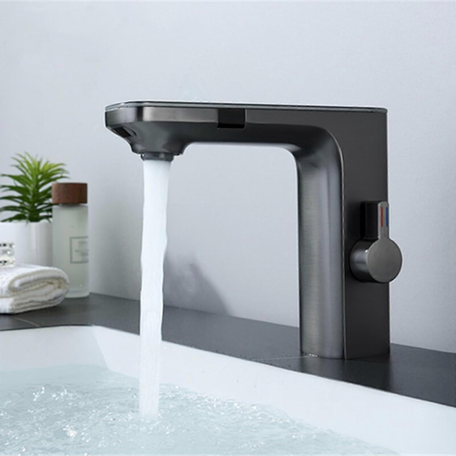 Mixer Taps Bathroom Sensor Basin Taps Touchless Bathroom Tap with Screen Display Sink Taps for Bathroom Hot and Cold Brass, White Gun Gray A