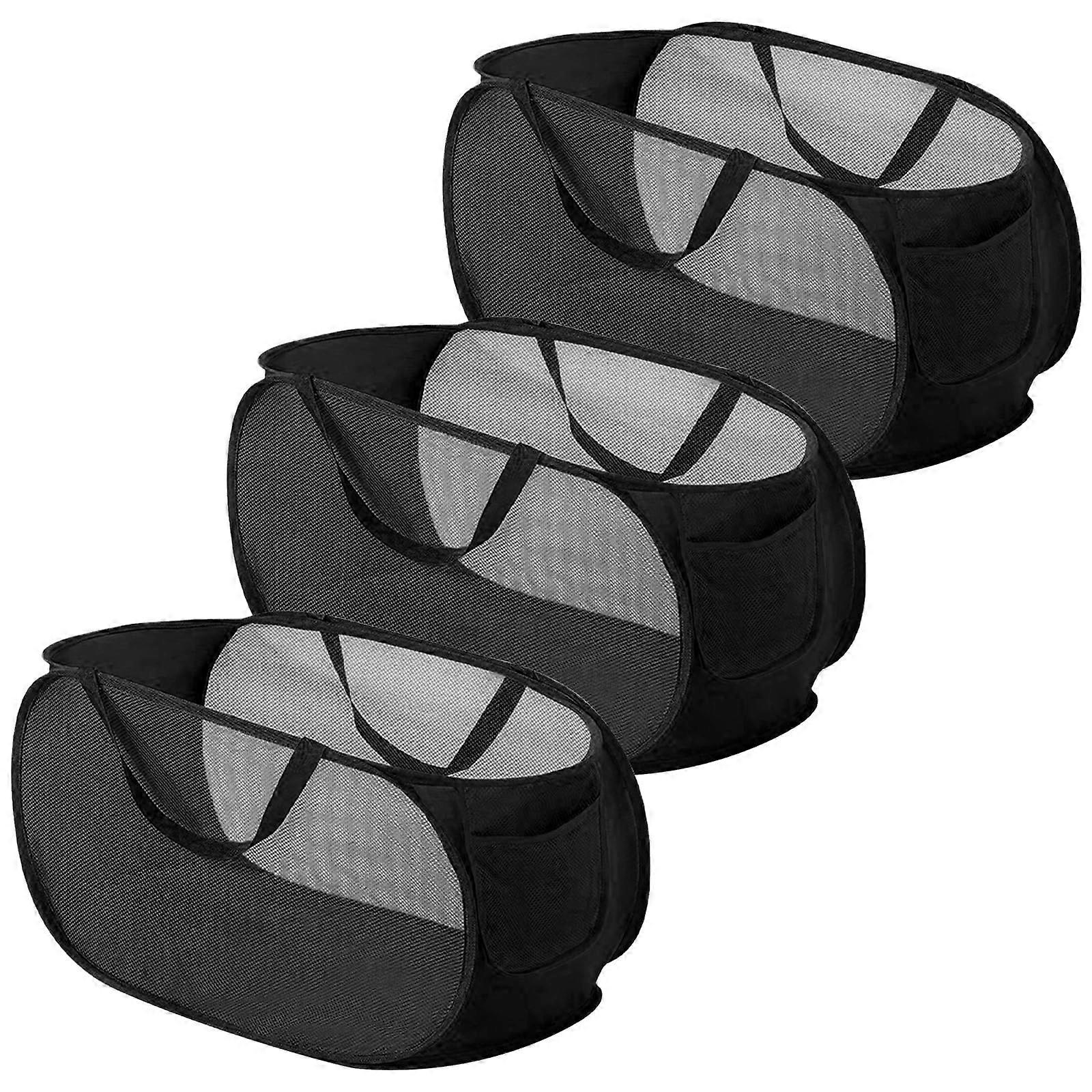 Pop Up Laundry Basket - Pack of 3 Foldable Mesh Laundry Baskets, 36 x 36 x 58 cm, Portable with Handle, Black