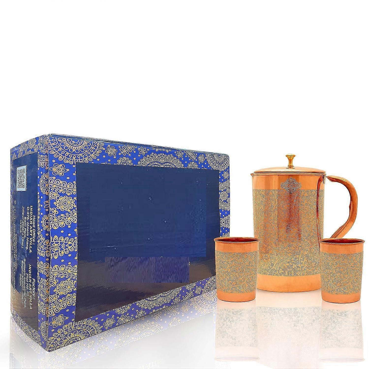 Trinkgeschirr aus reinem Kupfer Geschenkset mit 1 Krug und 2 Glas mit Geschenkbox und geprägtem Design,