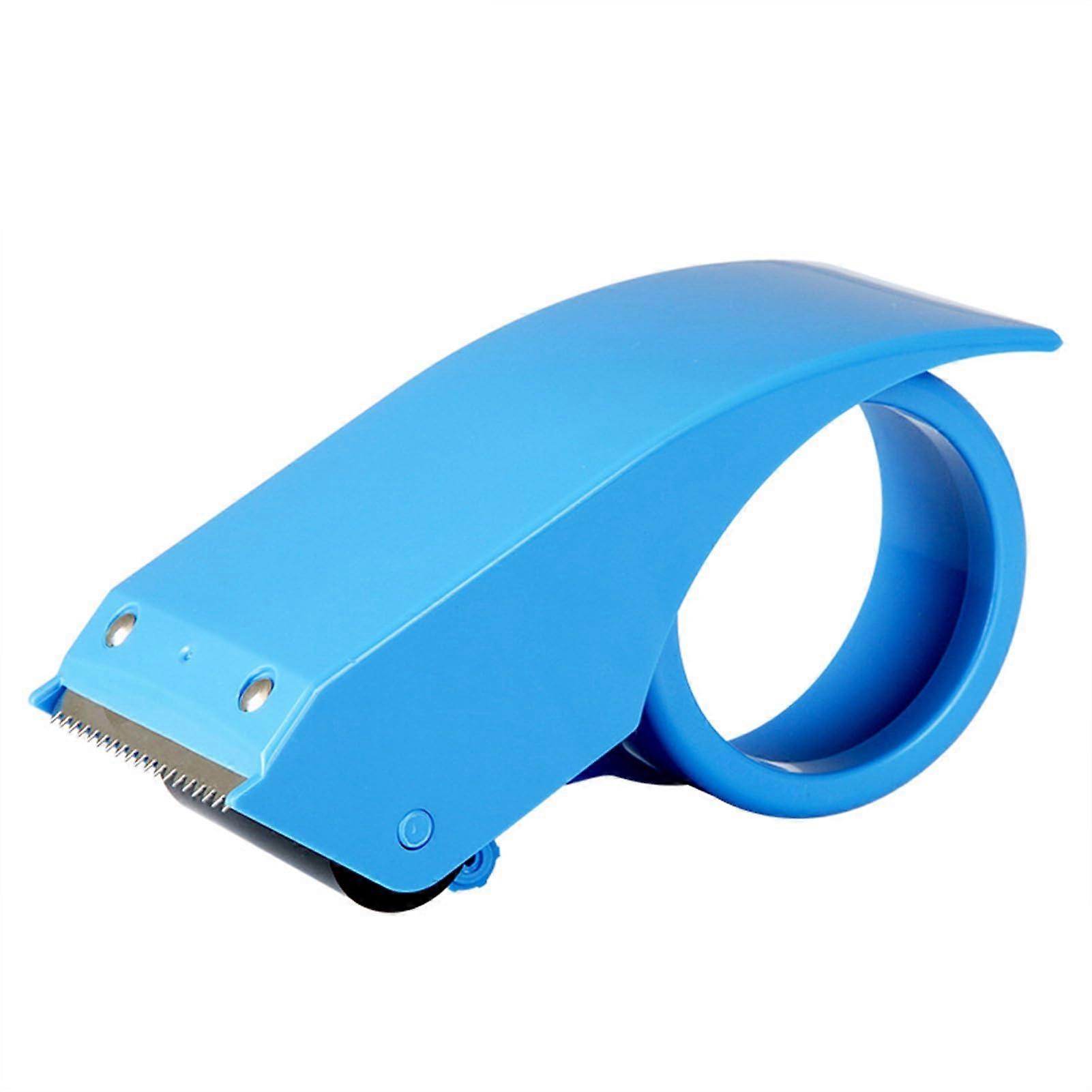 Packaging tape with sharp cutter, durable, transparent blue.