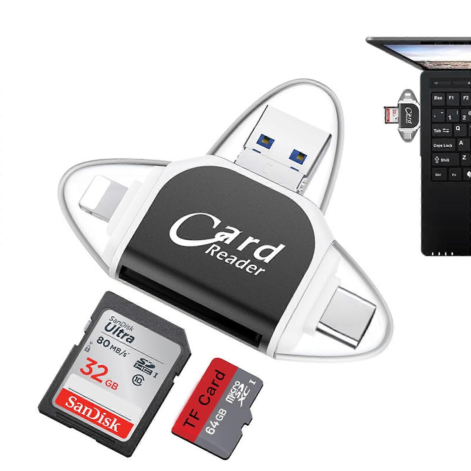 MultiPort 4in1 Universal Card Reader for Phone/Pad, USB C Devices (Black)