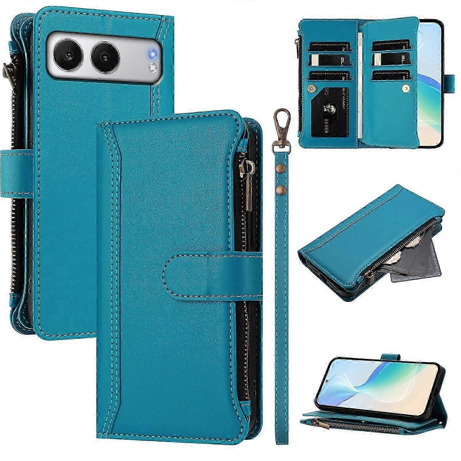 For OnePlus Nord 4 Leather Case 9 Card Slots Zipper Wallet Stand Phone Cover with Wrist Strap