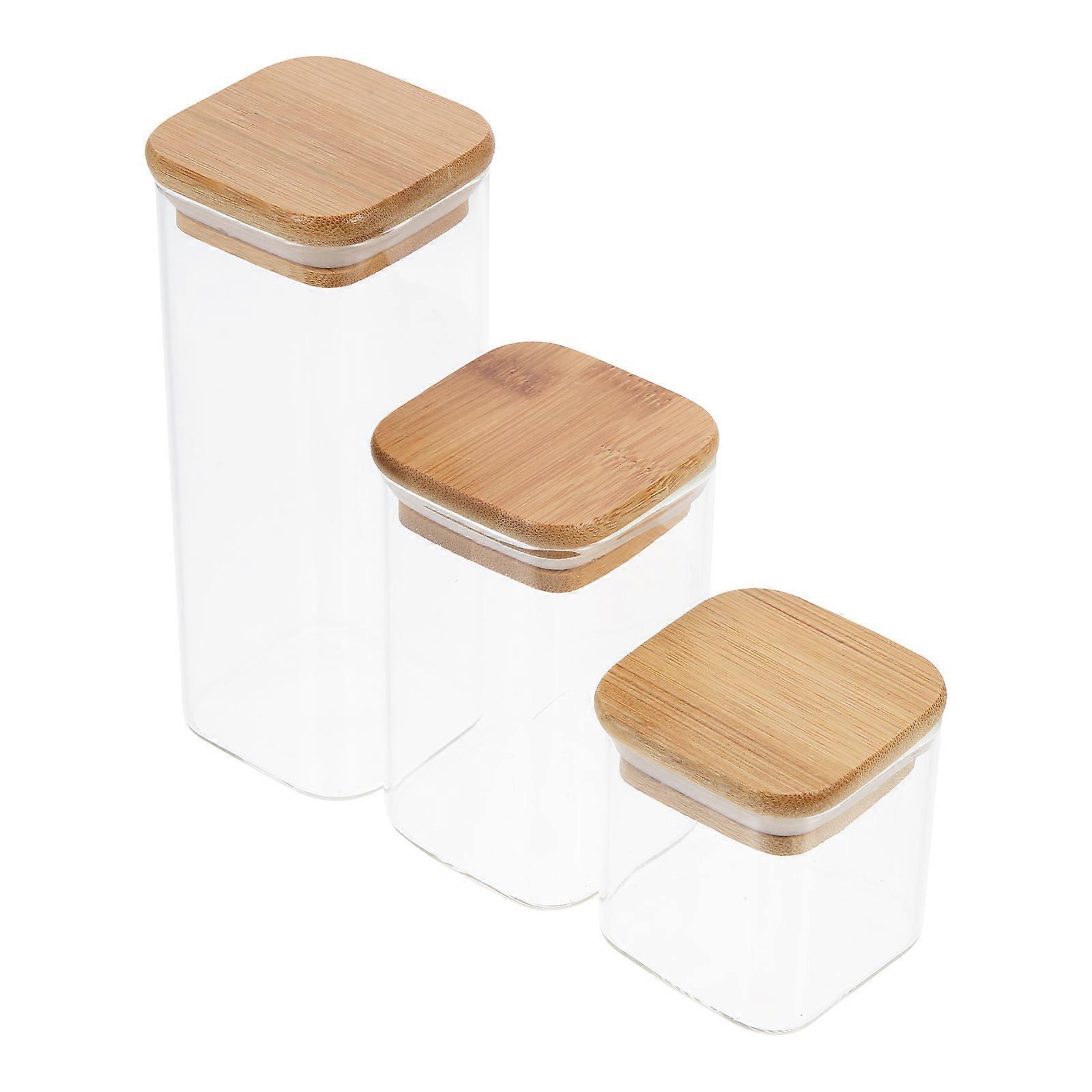 3Pcs Kitchen Canisters Set Glass Sealing Containers With Bamboo Lids 150Ml Square Shape For Food Storage Moisture-Proof
